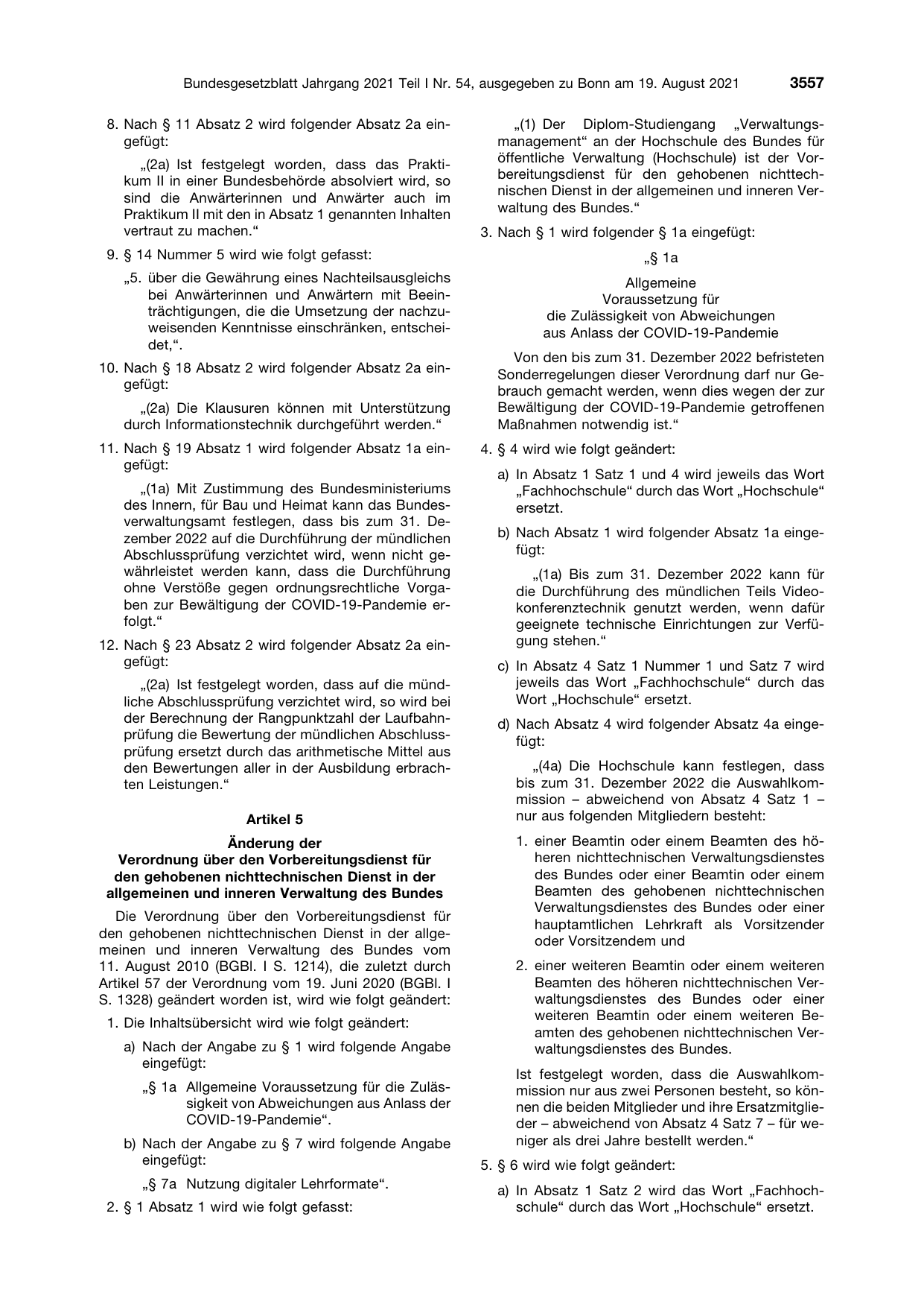 BGBl. 2021, Seite 3557 — Originalseite als Abbildung
