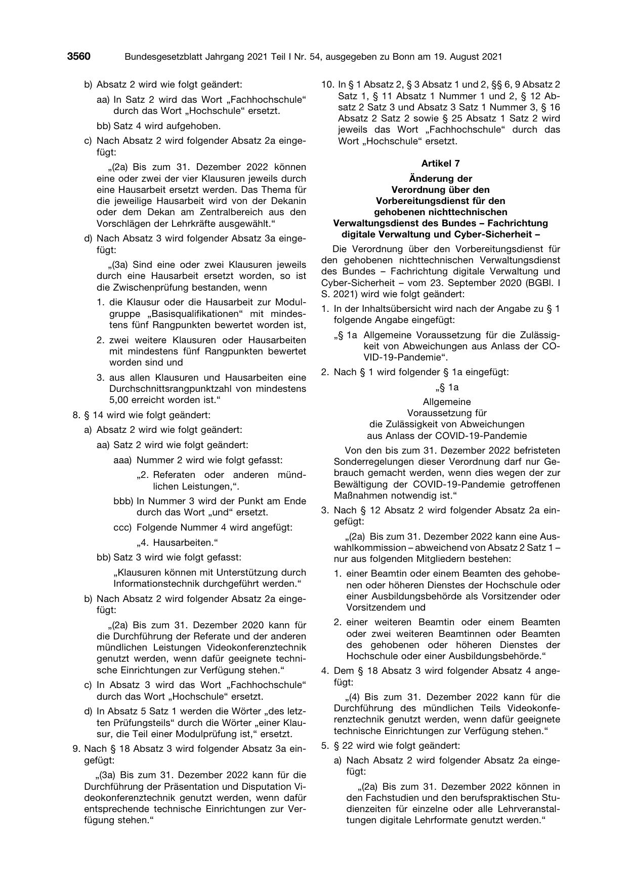BGBl. 2021, Seite 3560 — Originalseite als Abbildung