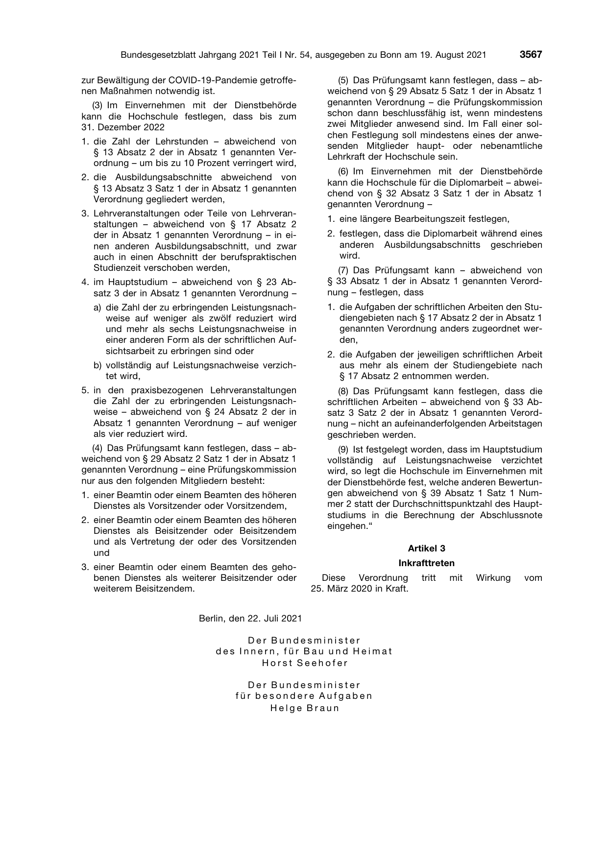 BGBl. 2021, Seite 3567 — Originalseite als Abbildung