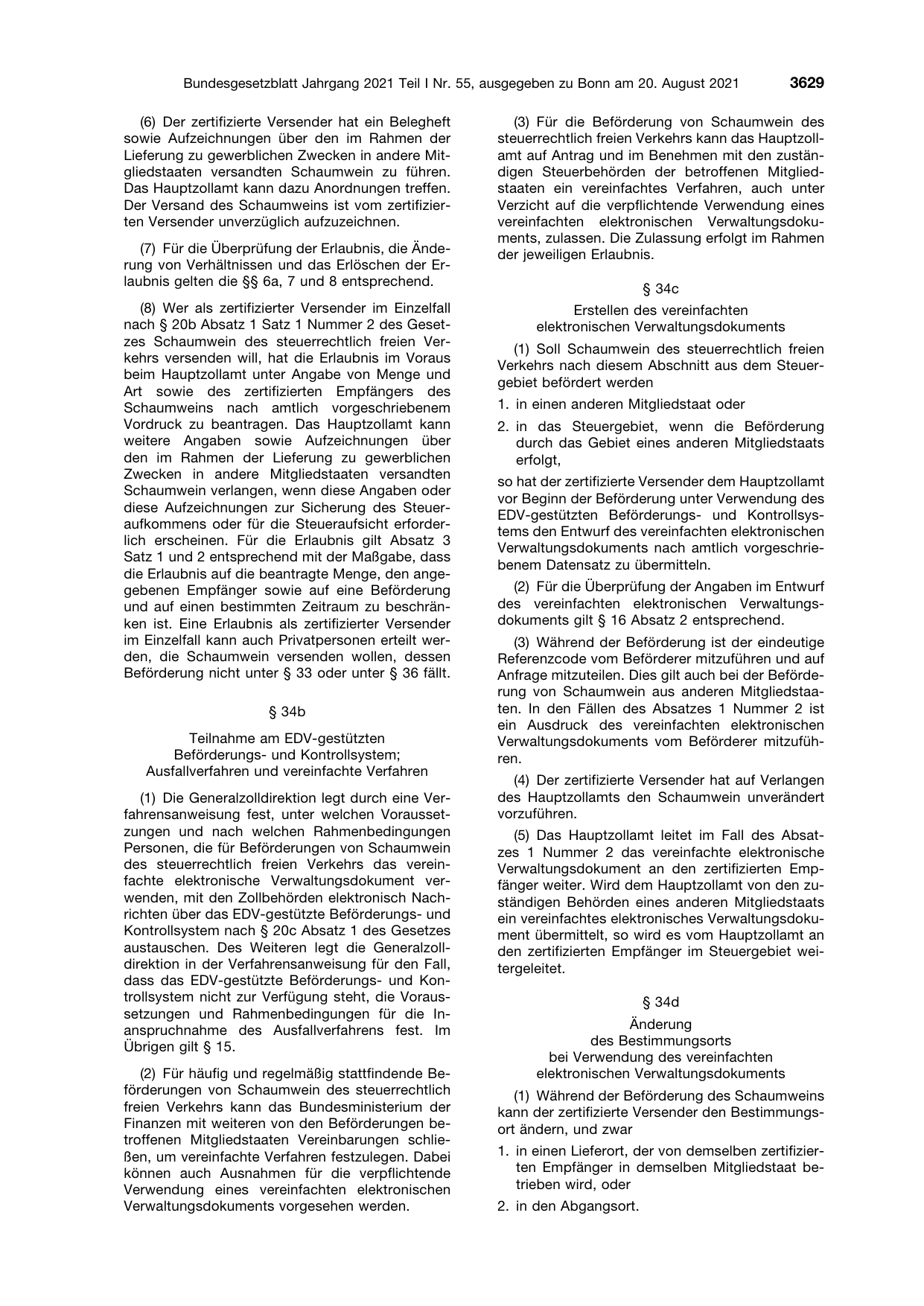 BGBl. 2021, Seite 3629 — Originalseite als Abbildung