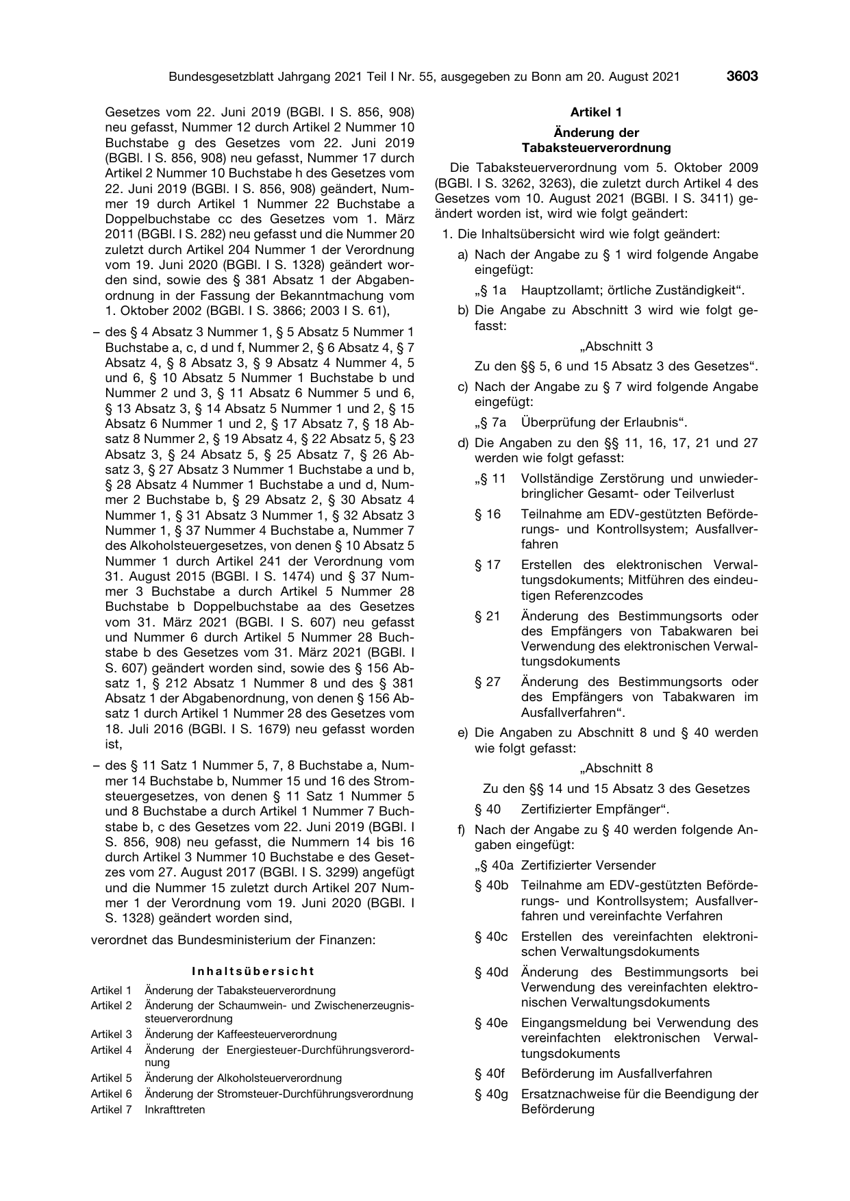 BGBl. 2021, Seite 3603 — Originalseite als Abbildung