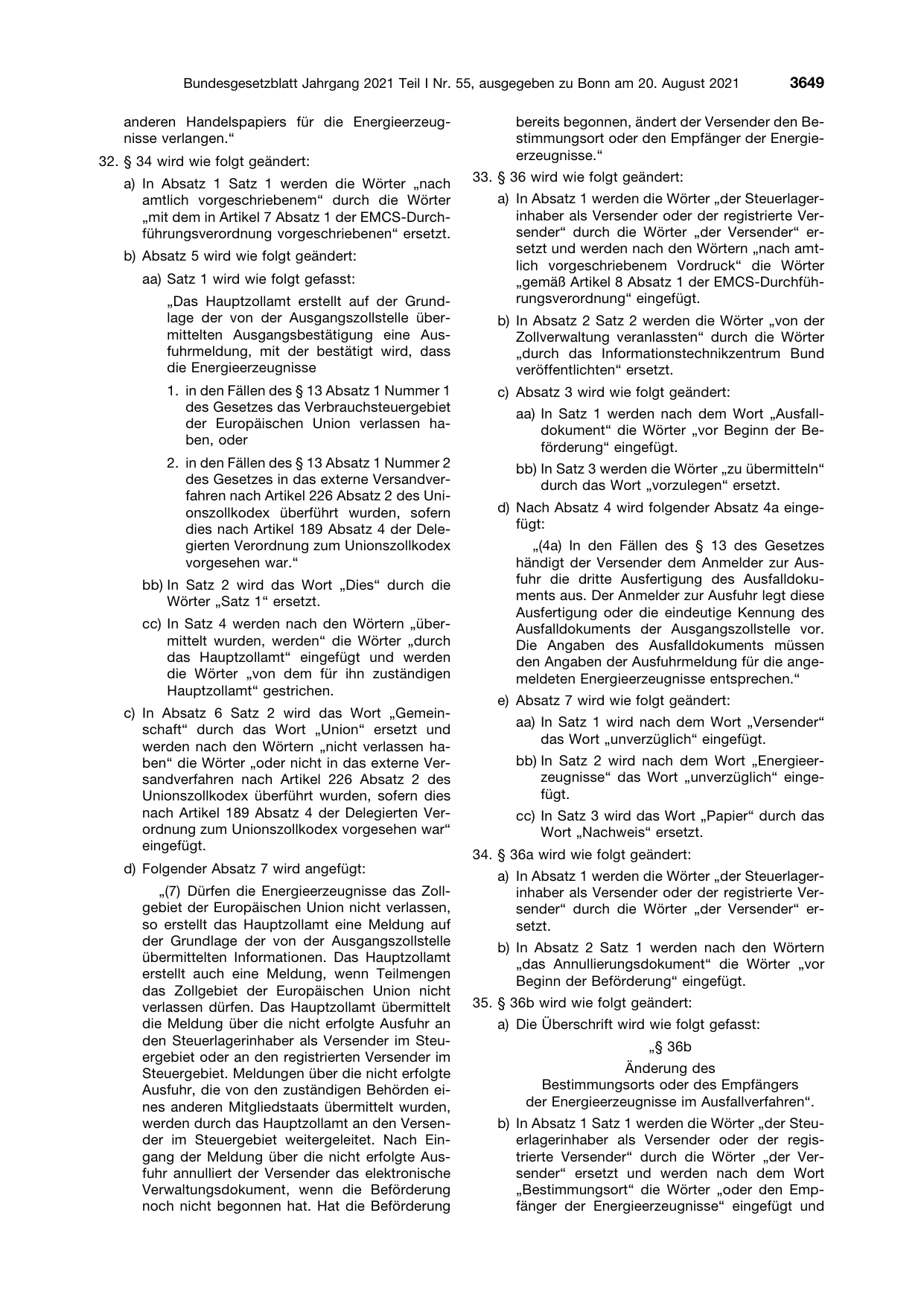 BGBl. 2021, Seite 3649 — Originalseite als Abbildung