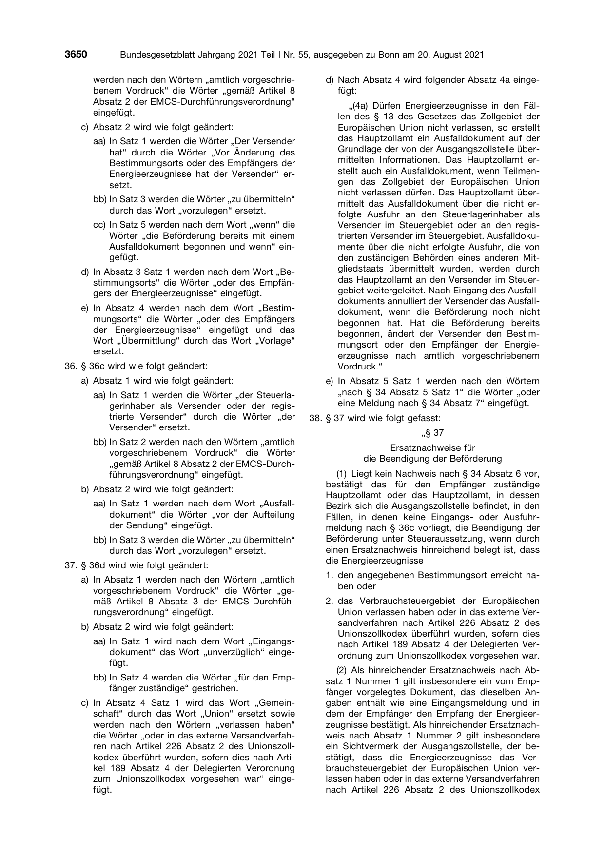 BGBl. 2021, Seite 3650 — Originalseite als Abbildung