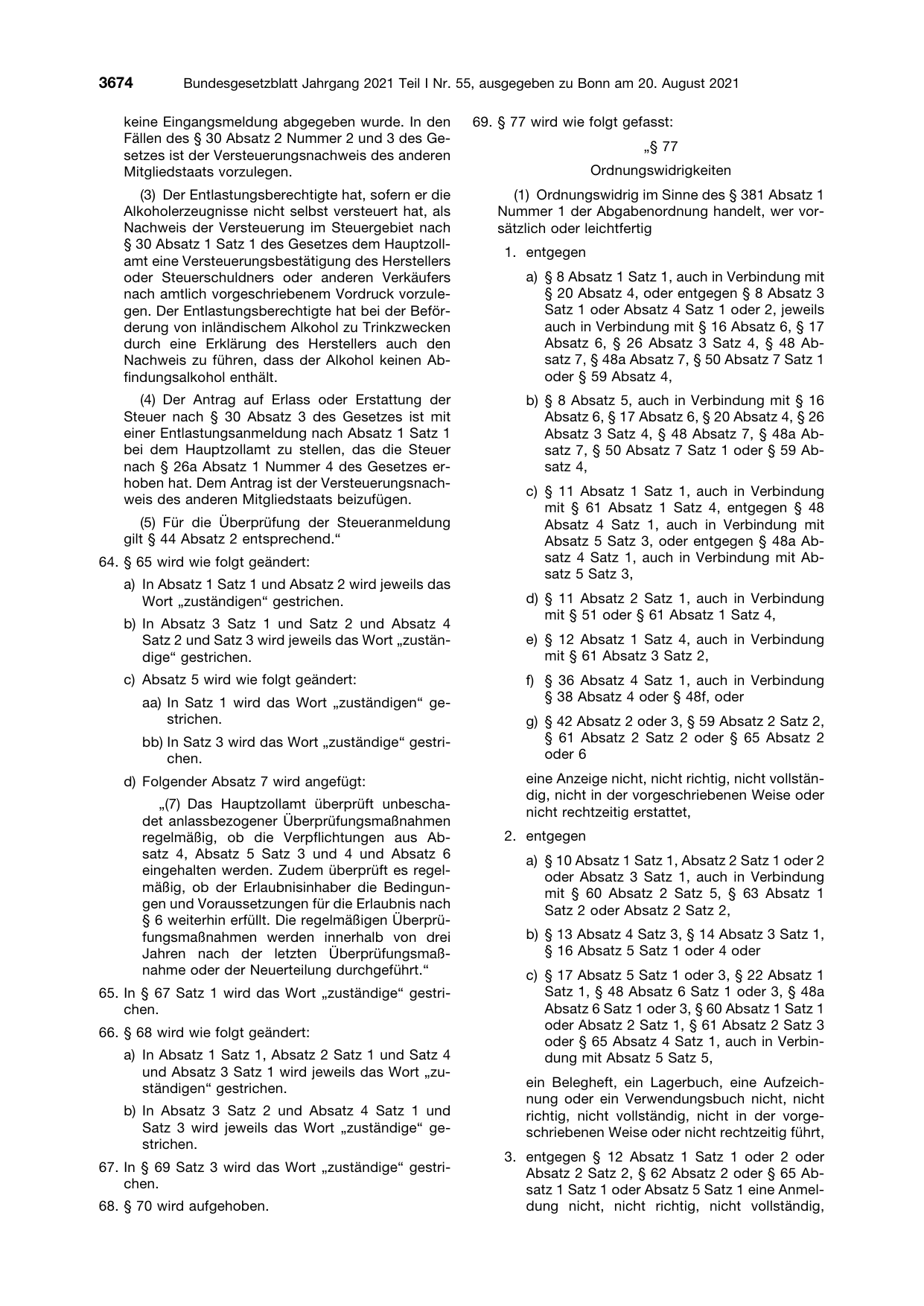 BGBl. 2021, Seite 3674 — Originalseite als Abbildung