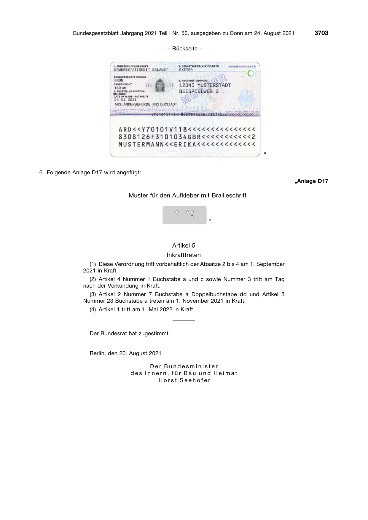 BGBl. 2021, Seite 3703 — Originalseite als Abbildung