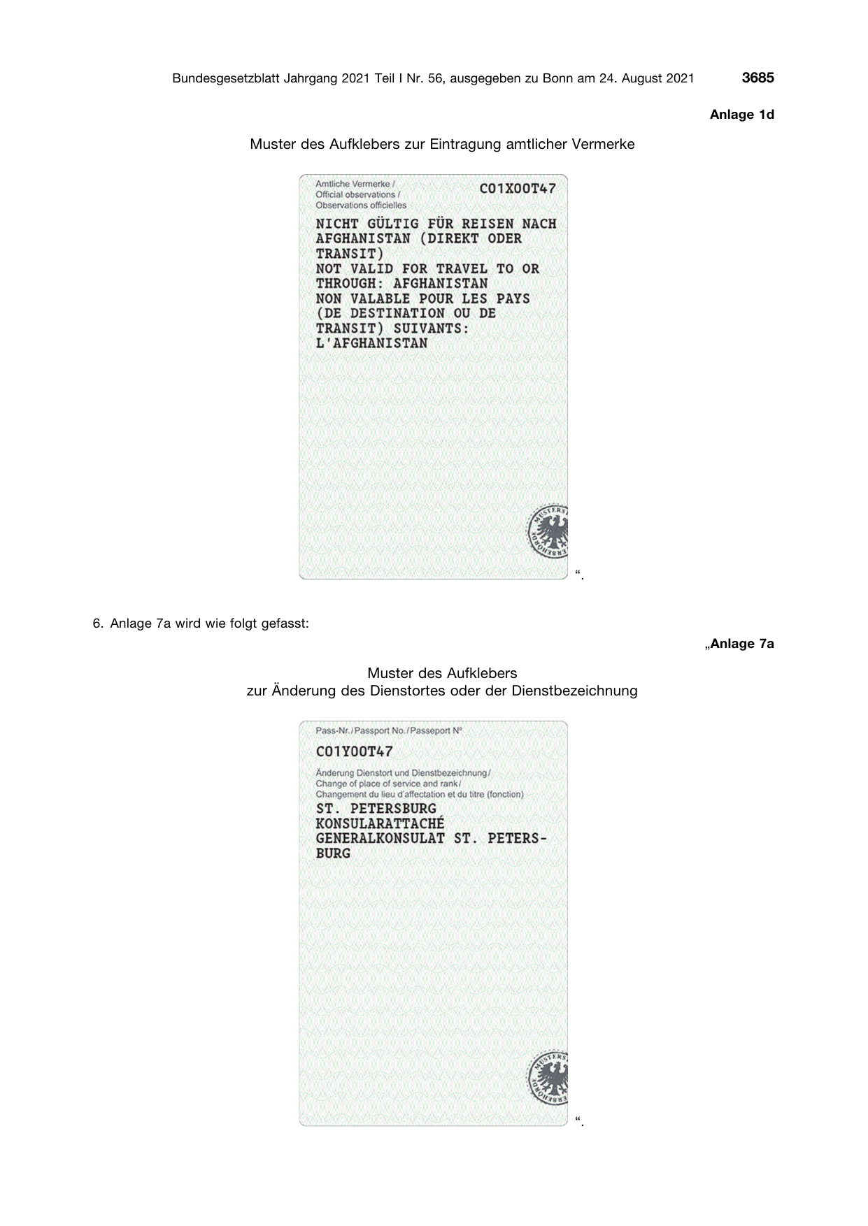 BGBl. 2021, Seite 3685 — Originalseite als Abbildung