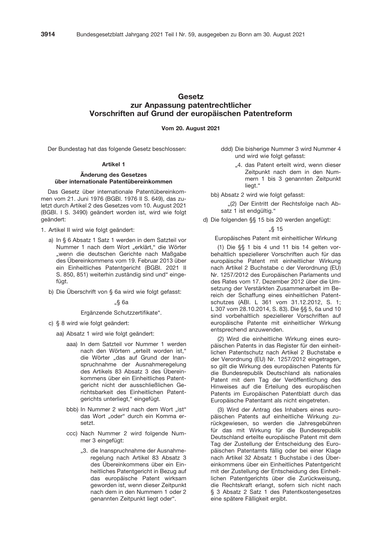 BGBl. 2021, Seite 3914 — Originalseite als Abbildung