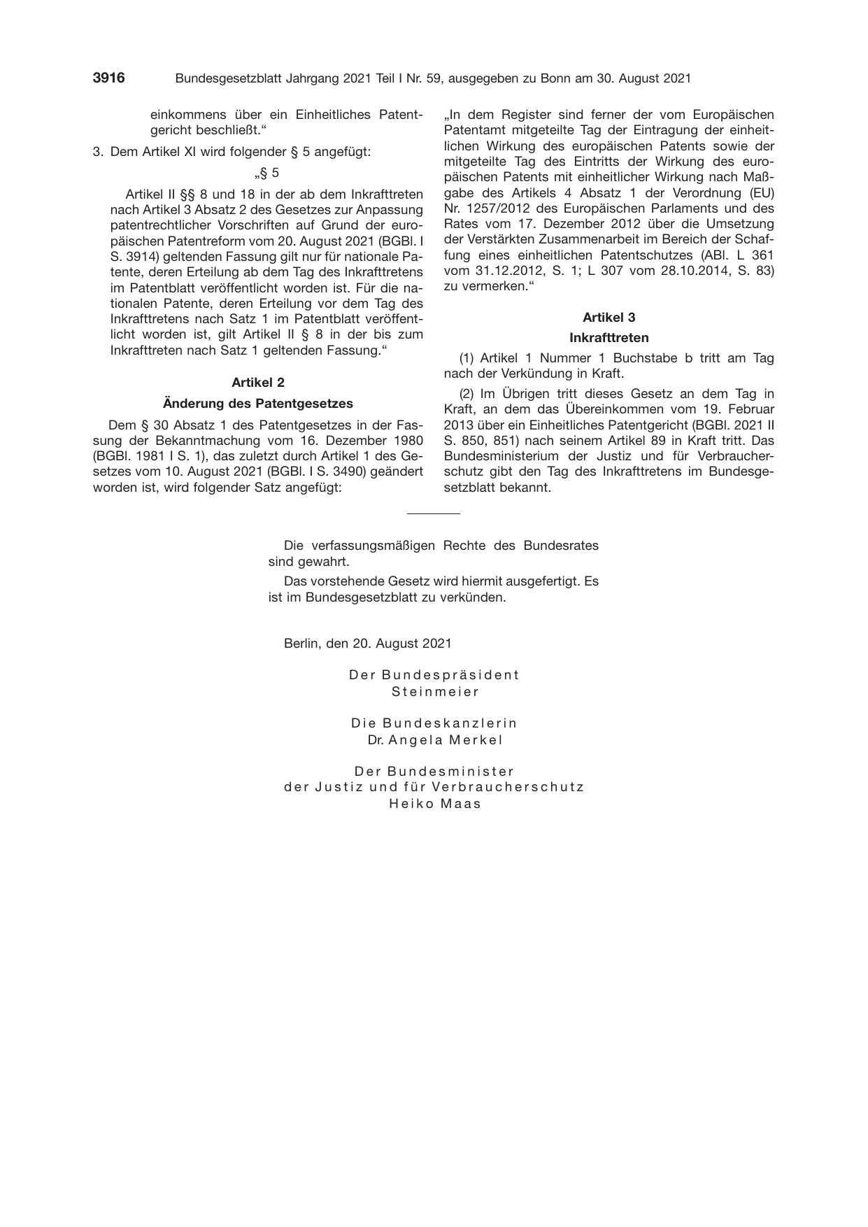 BGBl. 2021, Seite 3916 — Originalseite als Abbildung