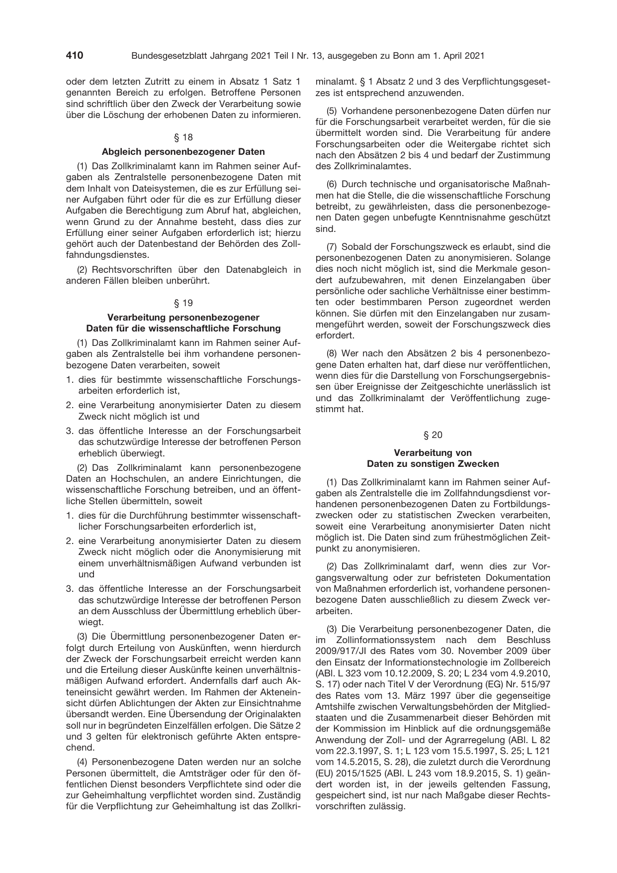 BGBl. 2021, Seite 410 — Originalseite als Abbildung