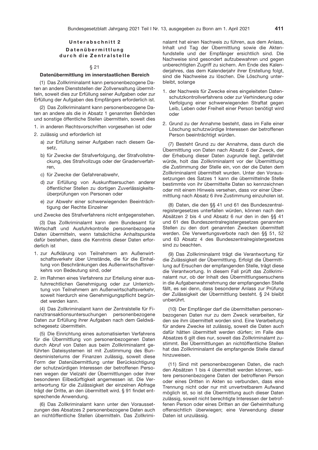 BGBl. 2021, Seite 411 — Originalseite als Abbildung