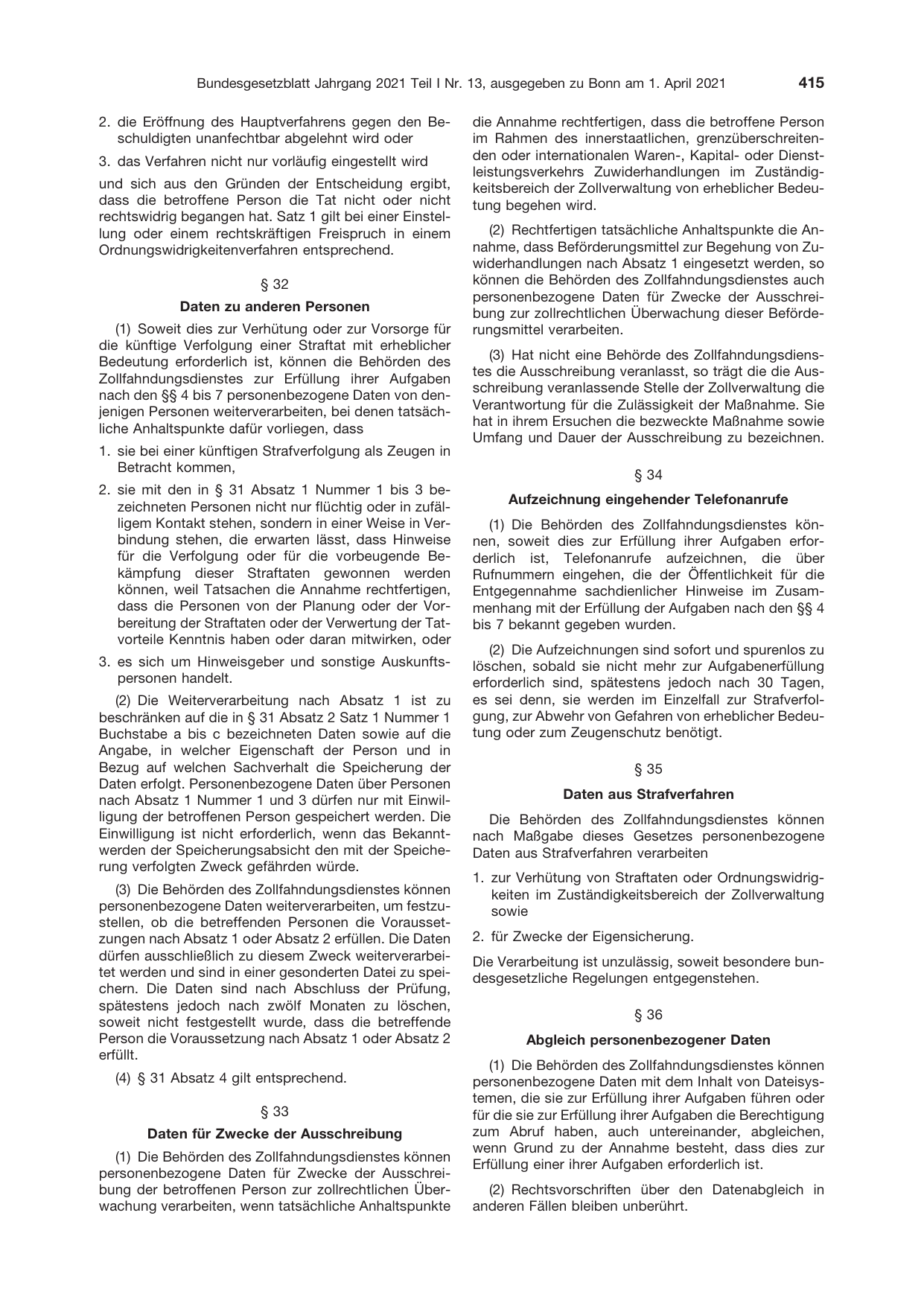 BGBl. 2021, Seite 415 — Originalseite als Abbildung