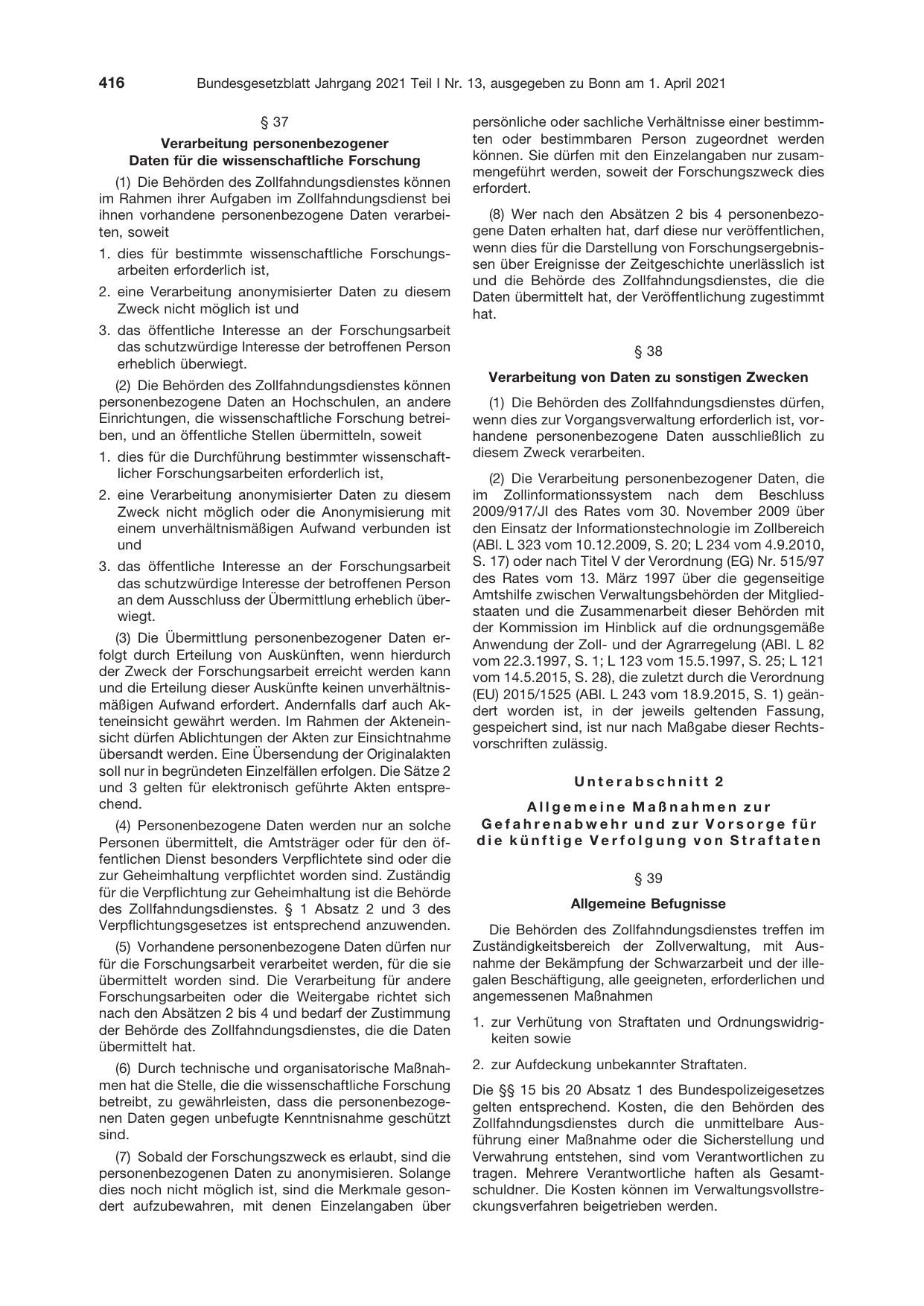 BGBl. 2021, Seite 416 — Originalseite als Abbildung