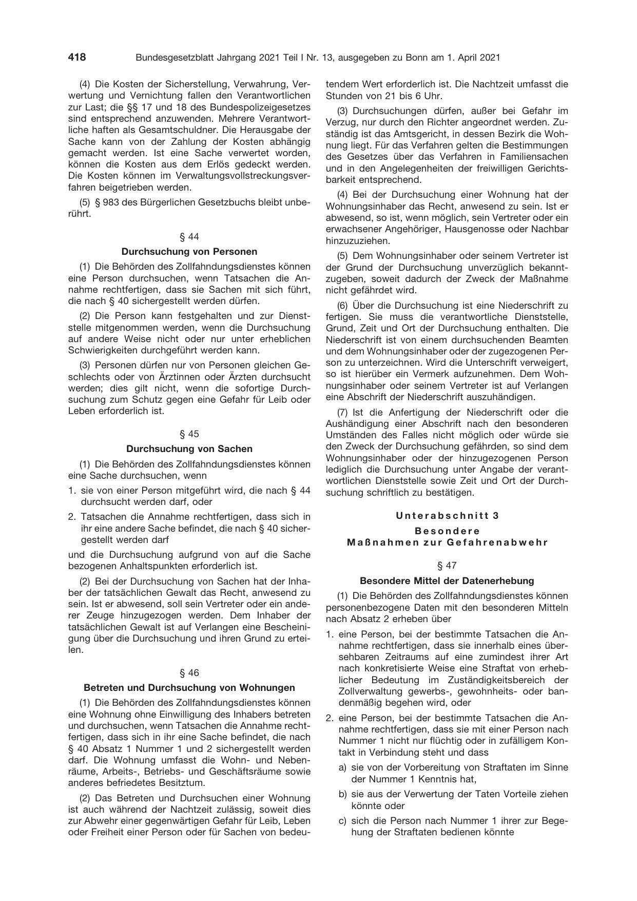 BGBl. 2021, Seite 418 — Originalseite als Abbildung