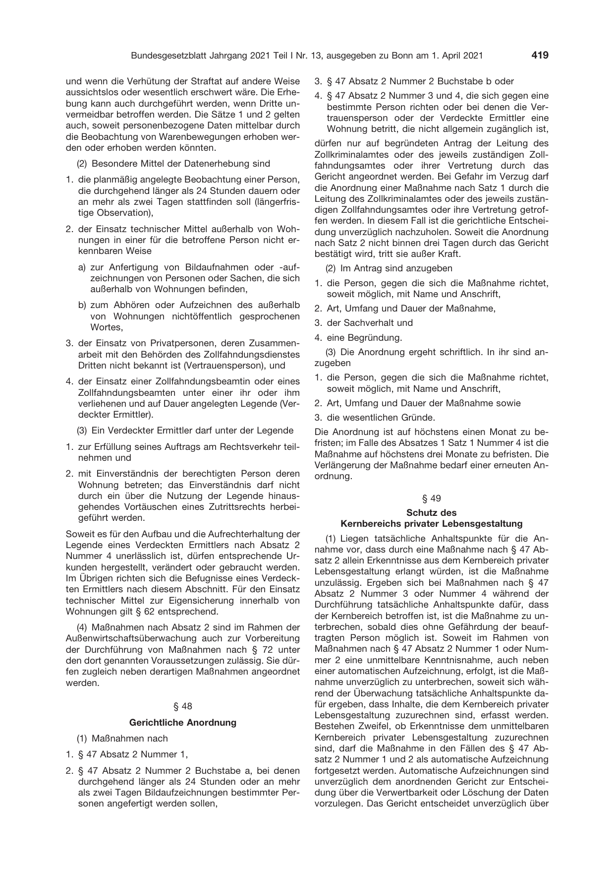 BGBl. 2021, Seite 419 — Originalseite als Abbildung