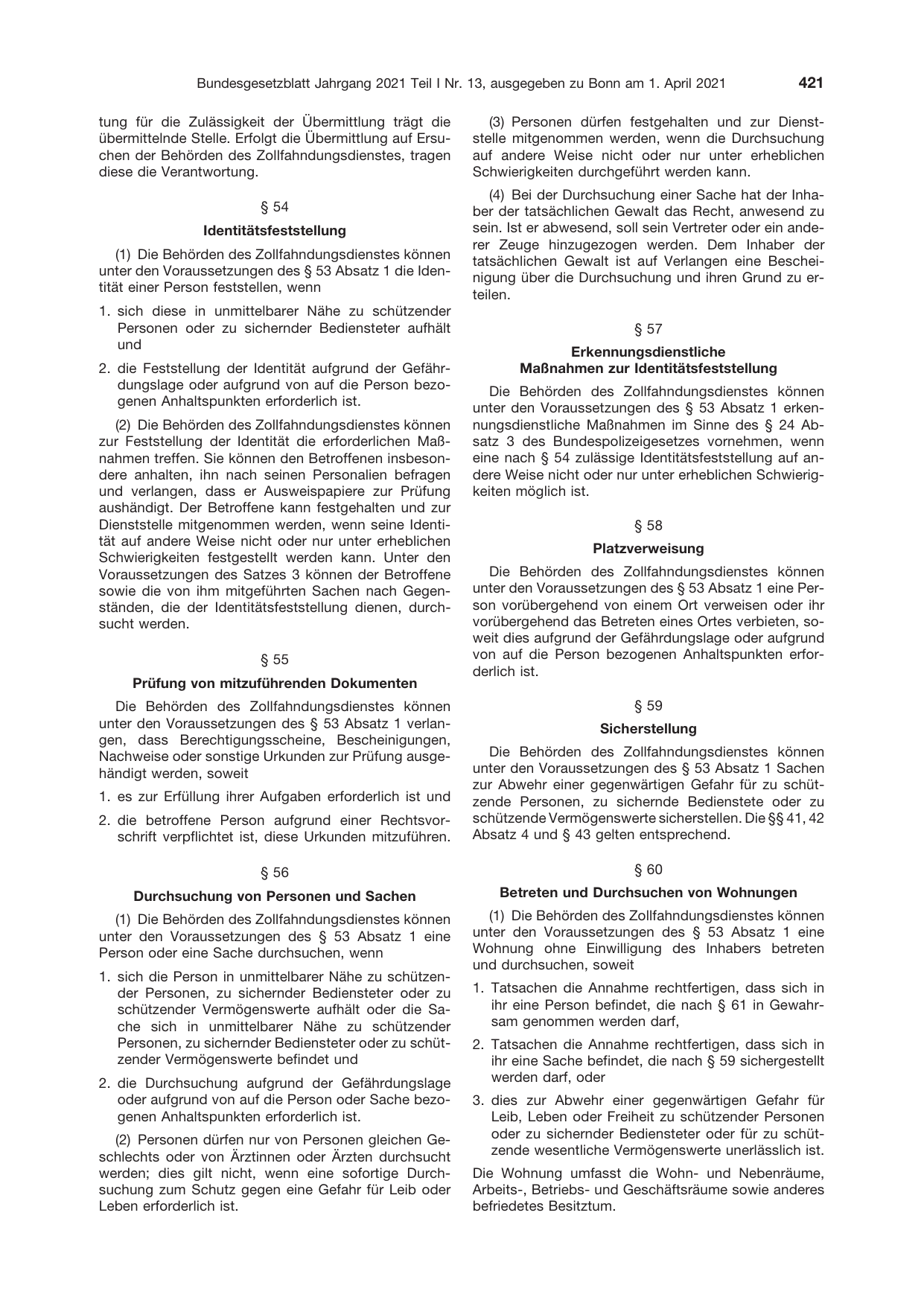 BGBl. 2021, Seite 421 — Originalseite als Abbildung