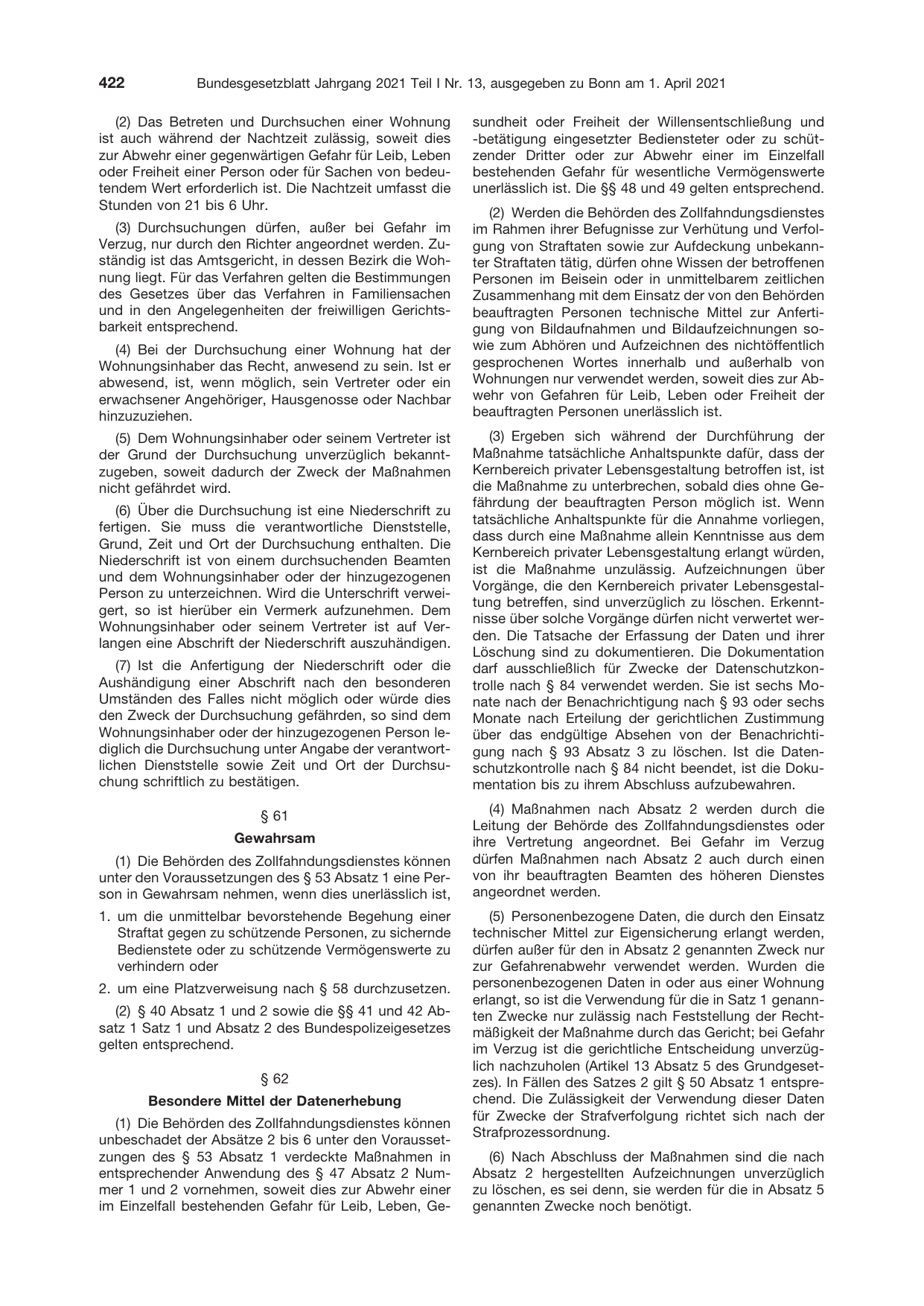 BGBl. 2021, Seite 422 — Originalseite als Abbildung
