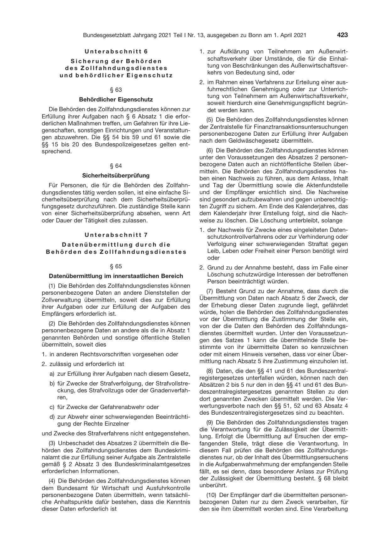 BGBl. 2021, Seite 423 — Originalseite als Abbildung