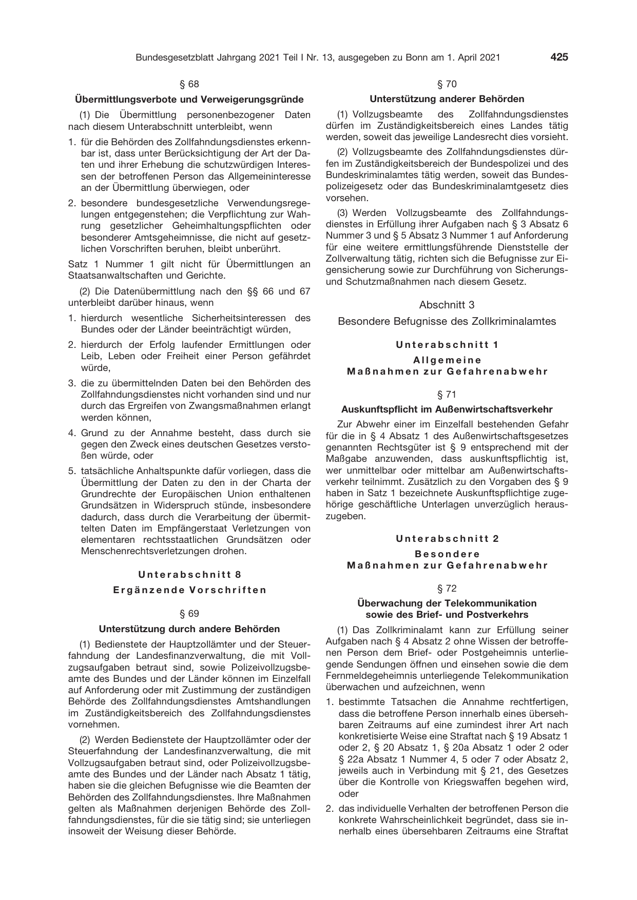 BGBl. 2021, Seite 425 — Originalseite als Abbildung