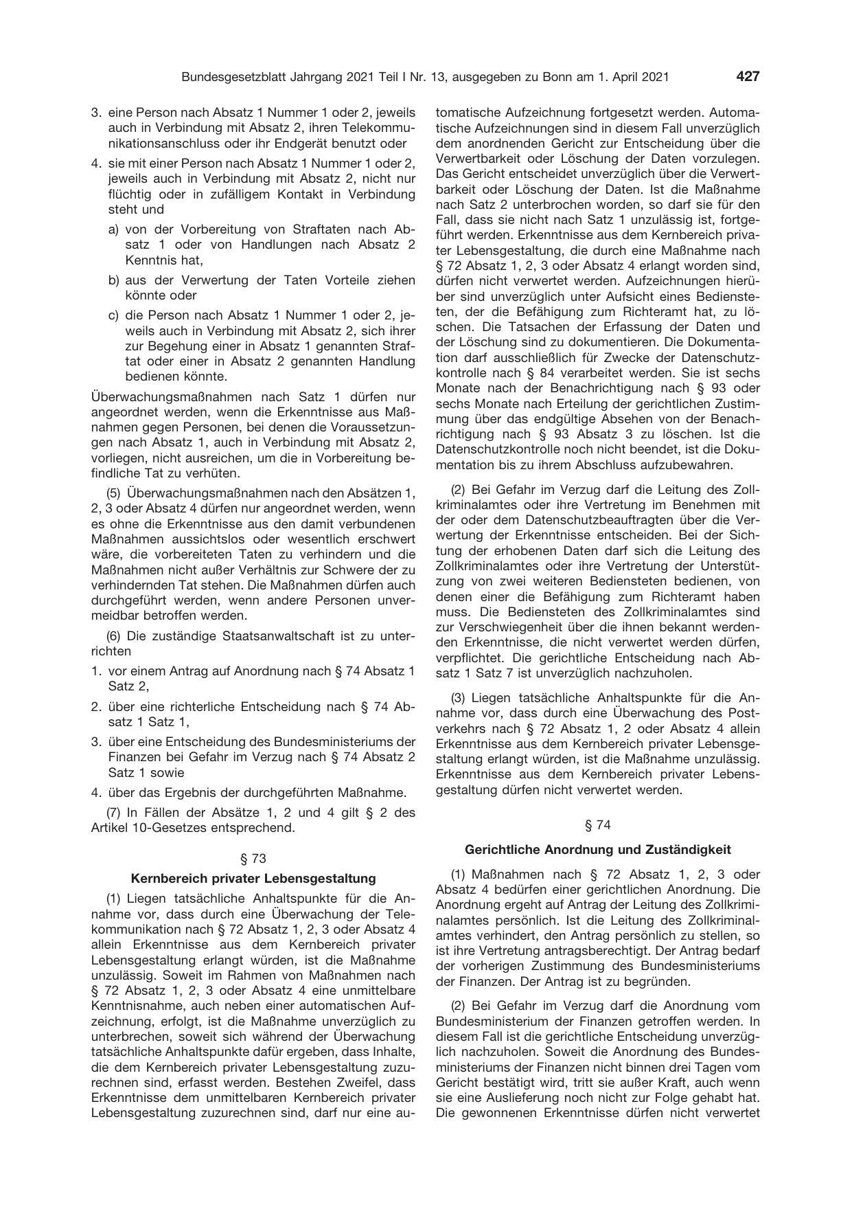 BGBl. 2021, Seite 427 — Originalseite als Abbildung