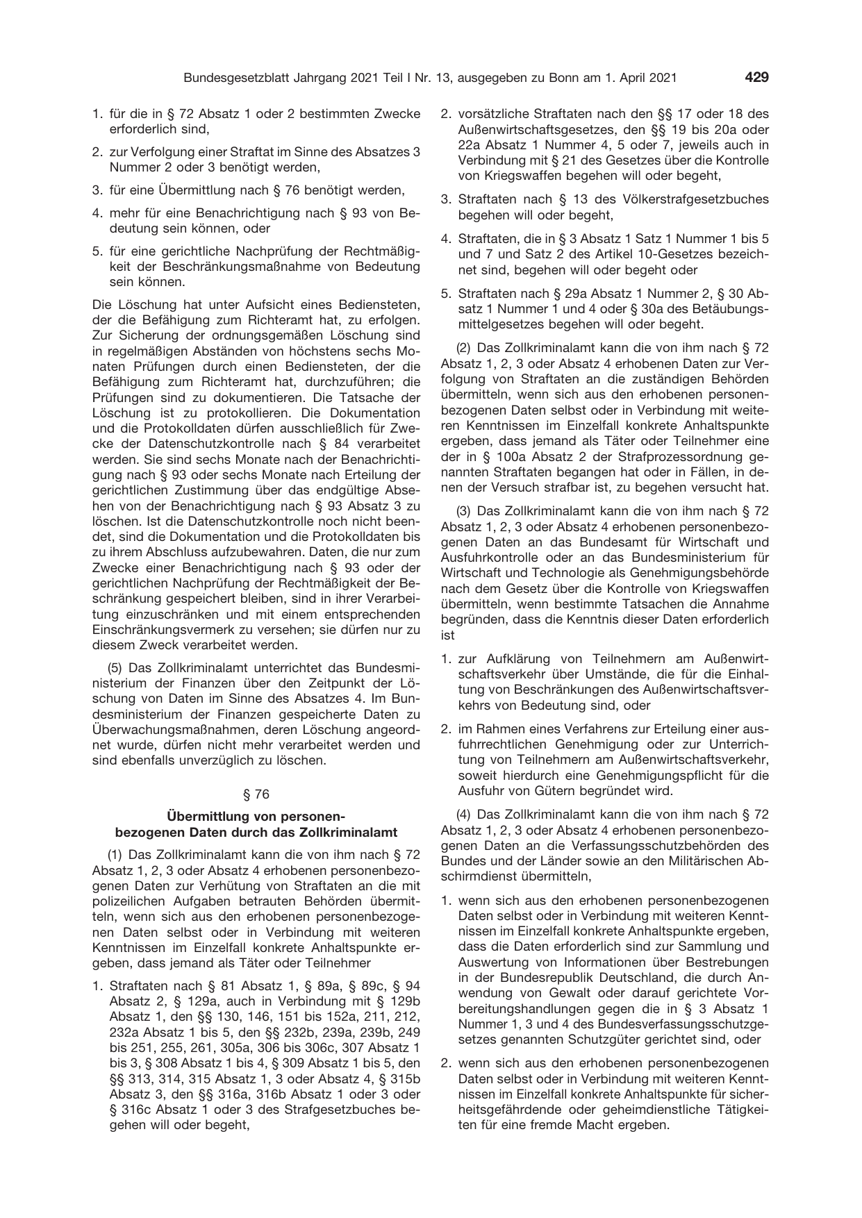 BGBl. 2021, Seite 429 — Originalseite als Abbildung