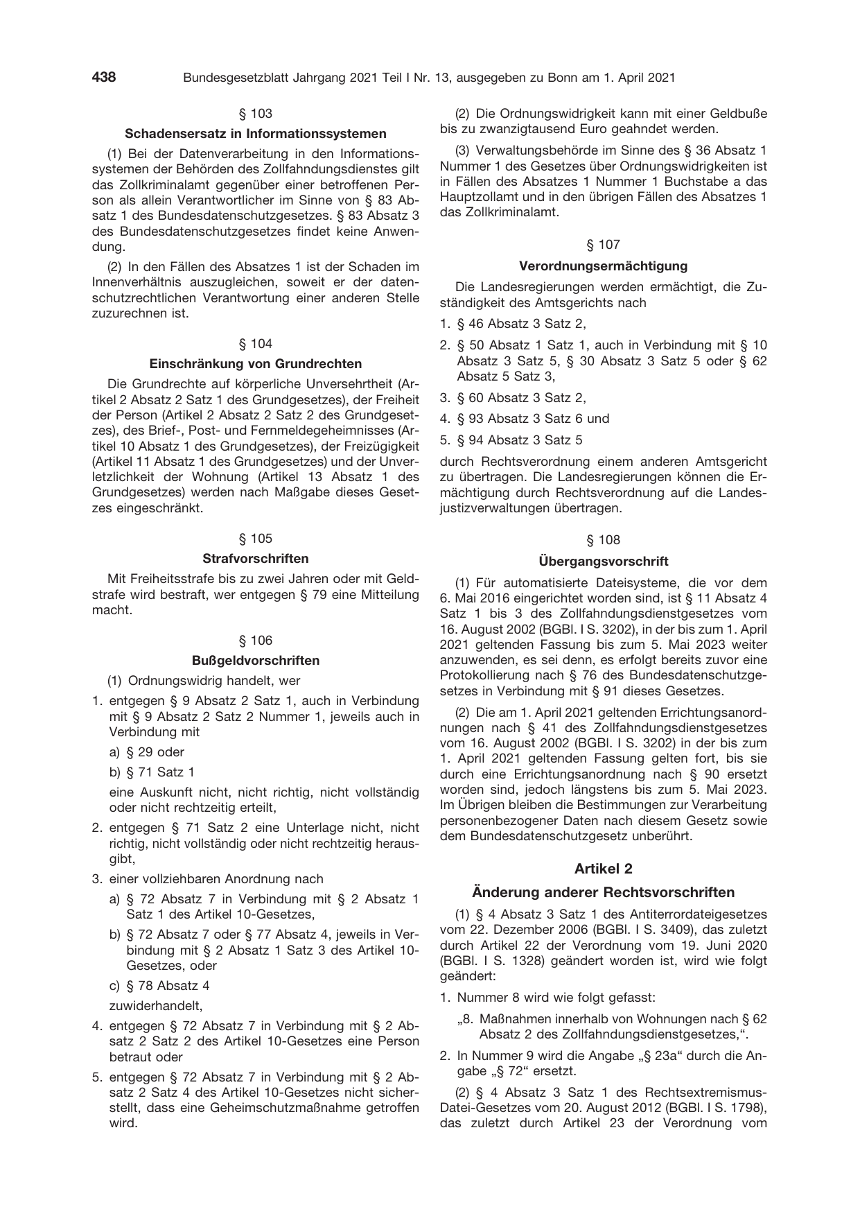 BGBl. 2021, Seite 438 — Originalseite als Abbildung