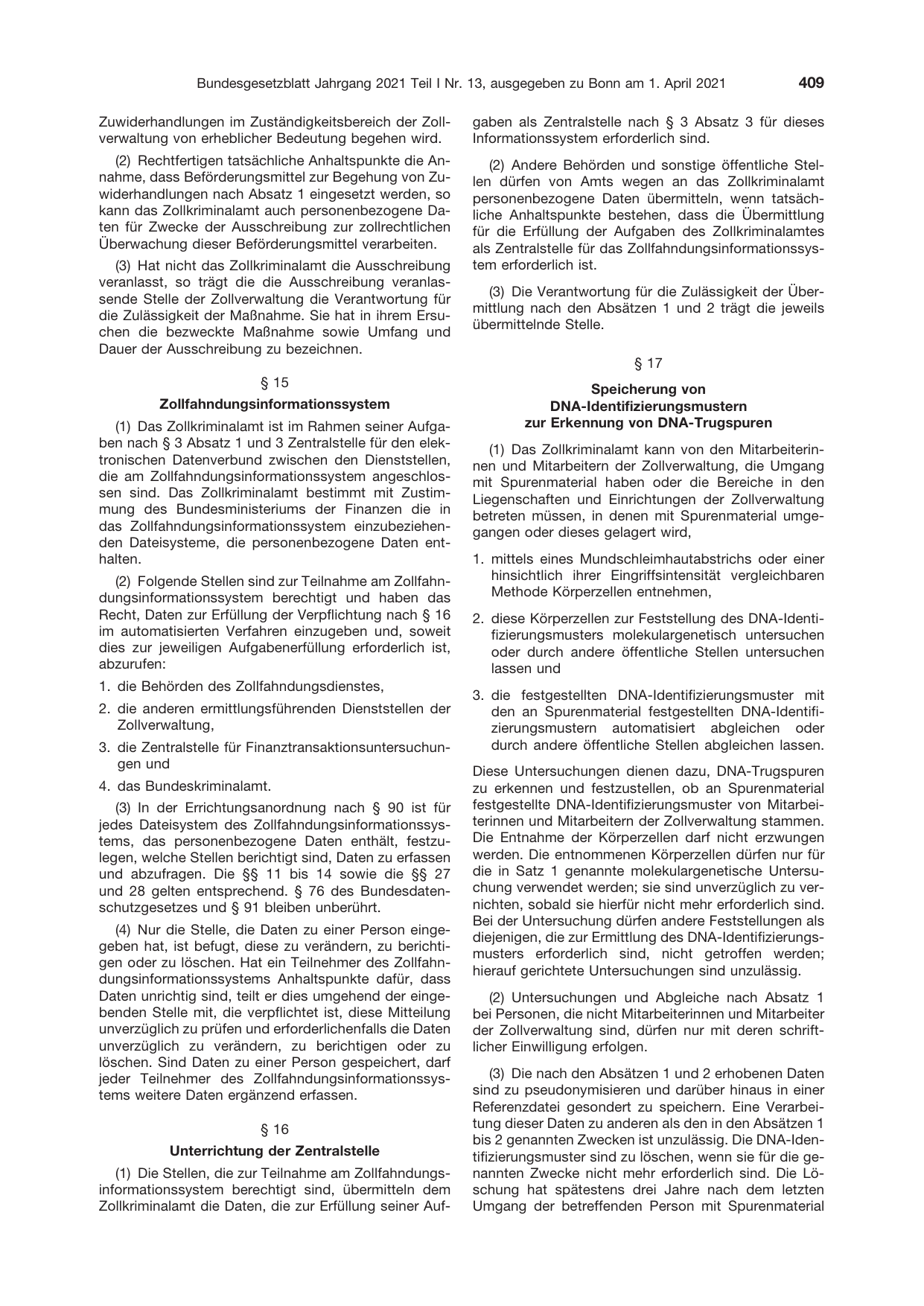 BGBl. 2021, Seite 409 — Originalseite als Abbildung