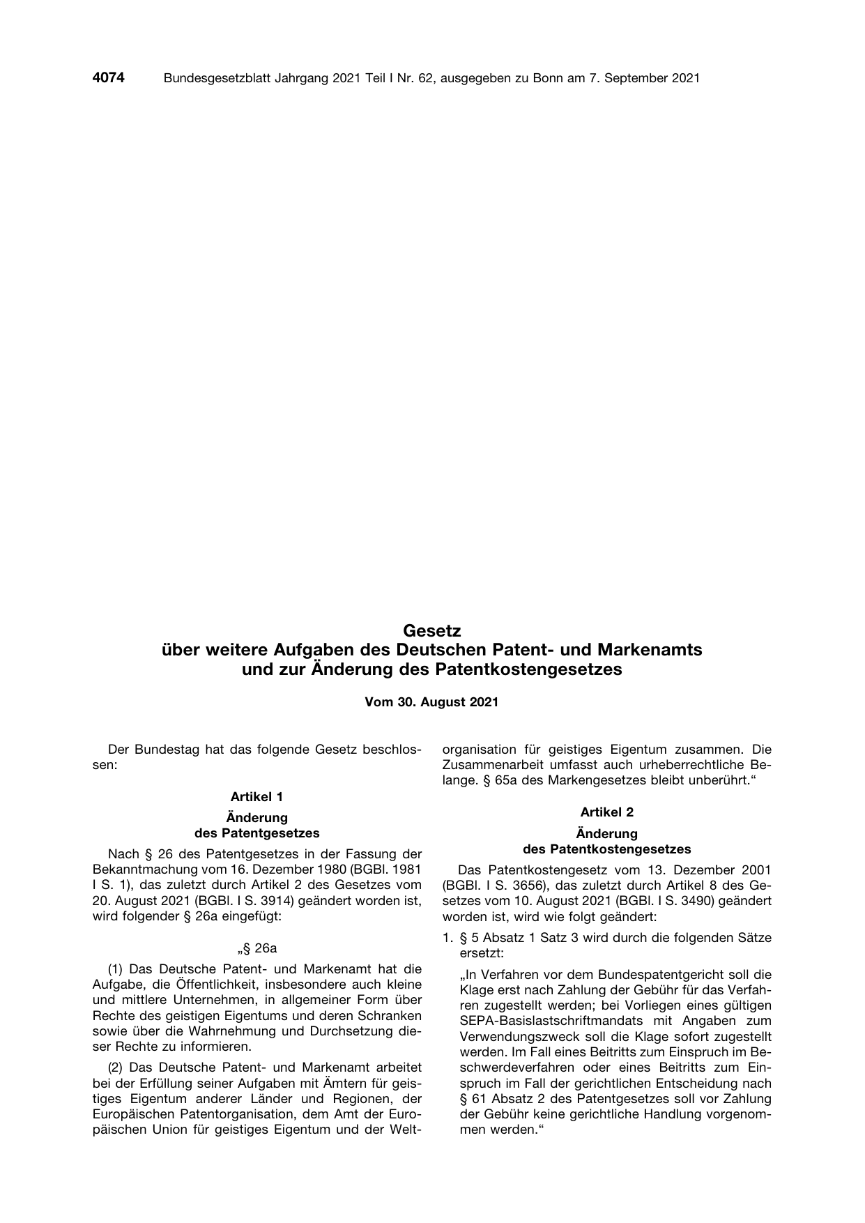 BGBl. 2021, Seite 4074 — Originalseite als Abbildung