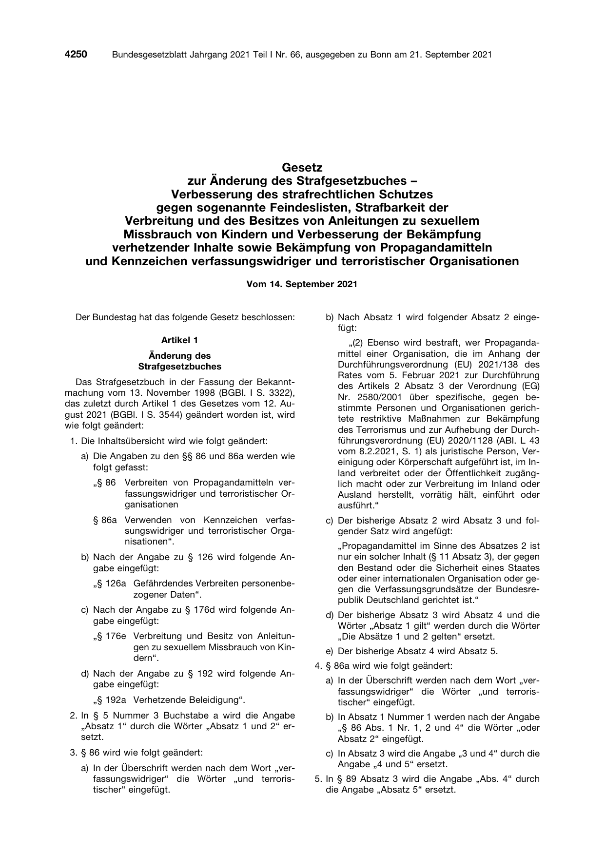 BGBl. 2021, Seite 4250 — Originalseite als Abbildung