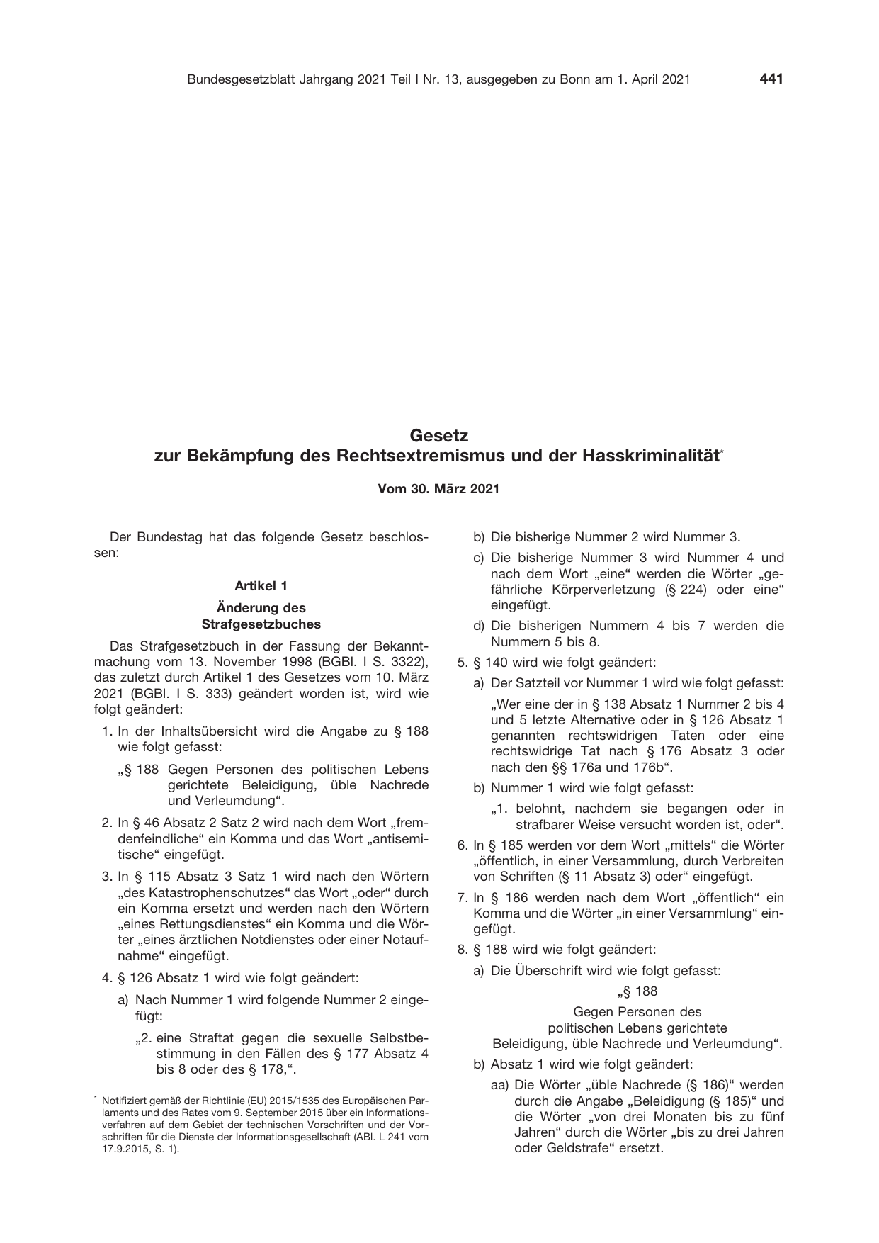 BGBl. 2021, Seite 441 — Originalseite als Abbildung
