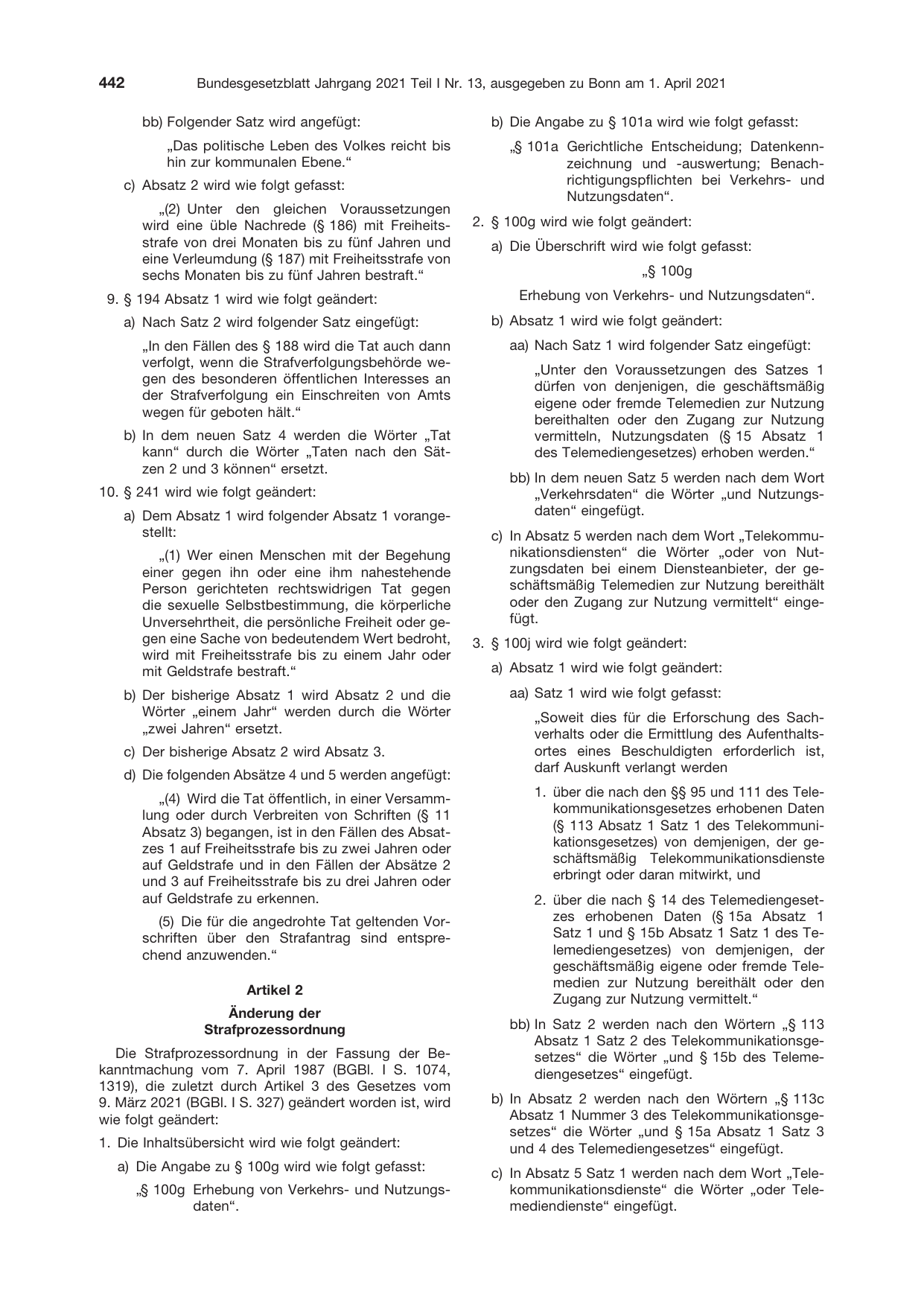 BGBl. 2021, Seite 442 — Originalseite als Abbildung