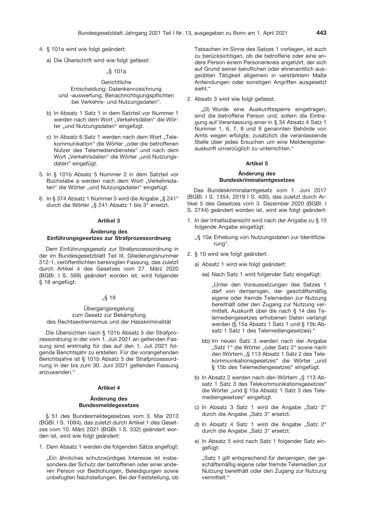 BGBl. 2021, Seite 443 — Originalseite als Abbildung