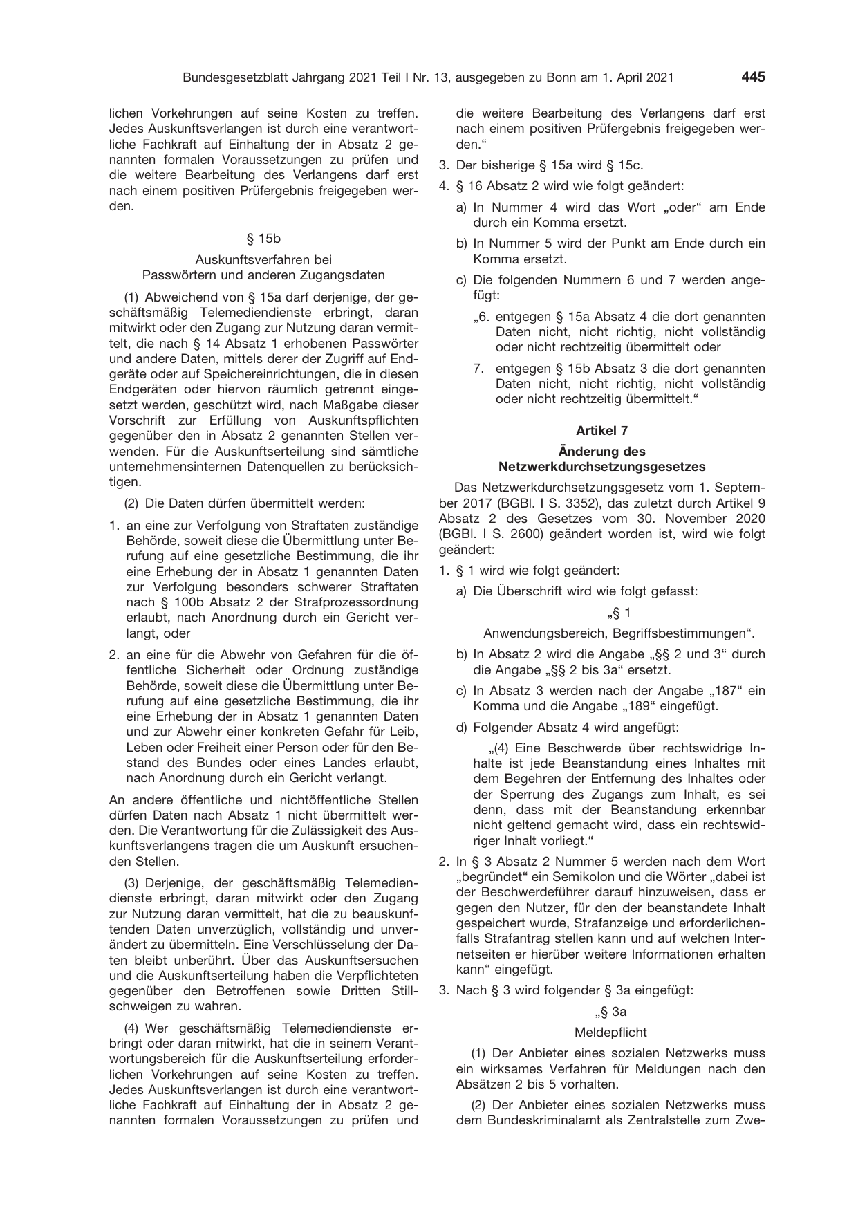 BGBl. 2021, Seite 445 — Originalseite als Abbildung