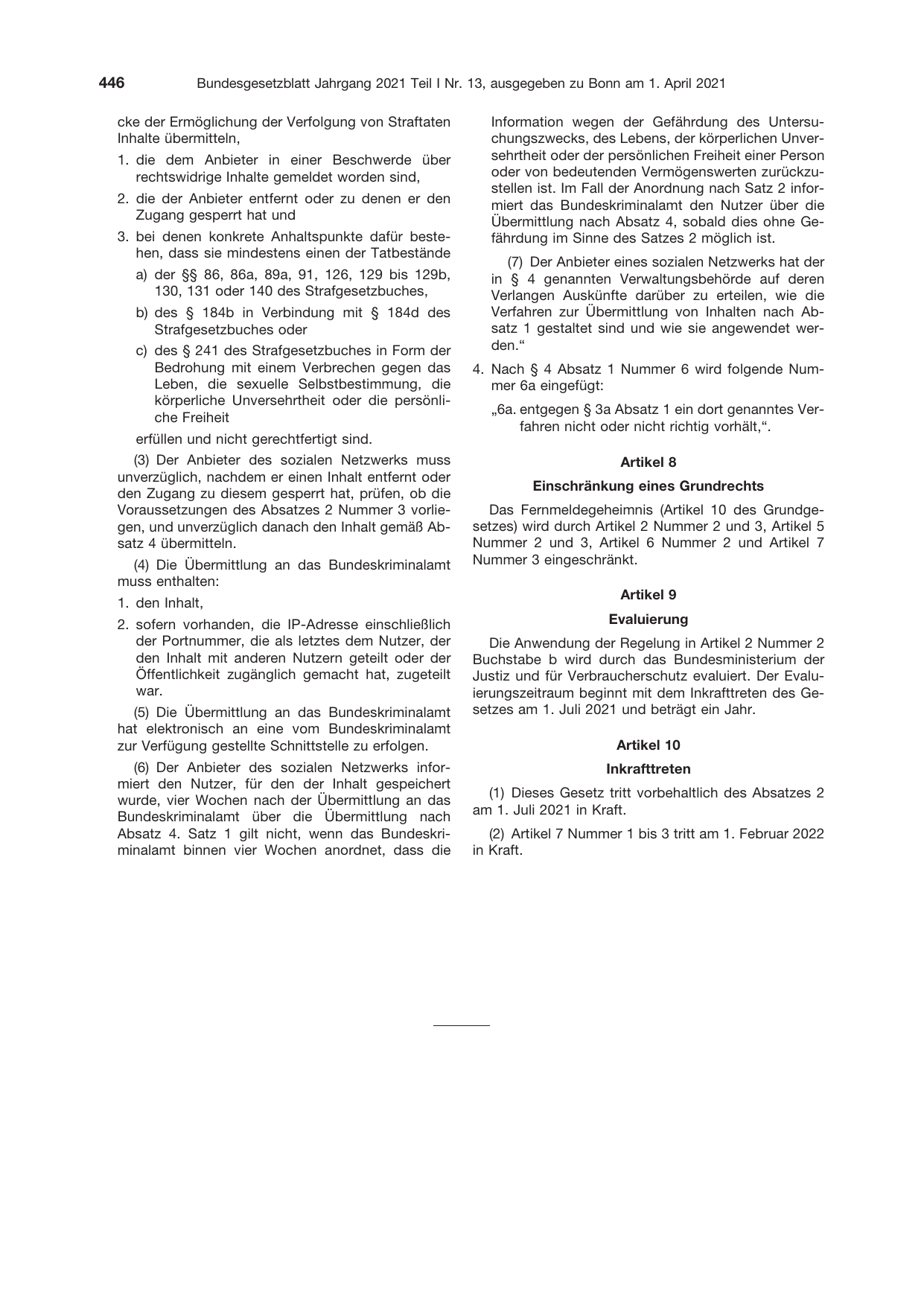BGBl. 2021, Seite 446 — Originalseite als Abbildung