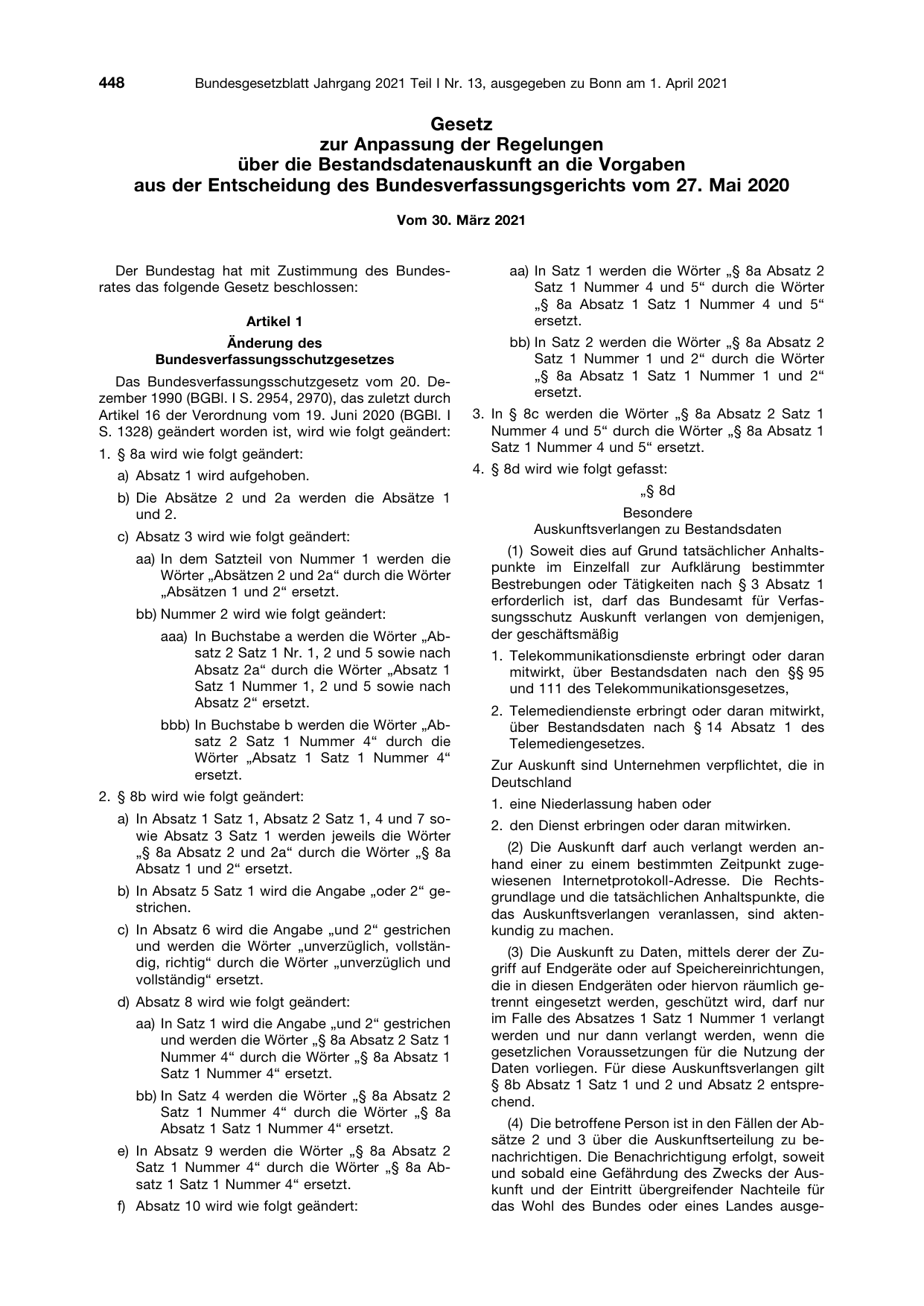 BGBl. 2021, Seite 448 — Originalseite als Abbildung