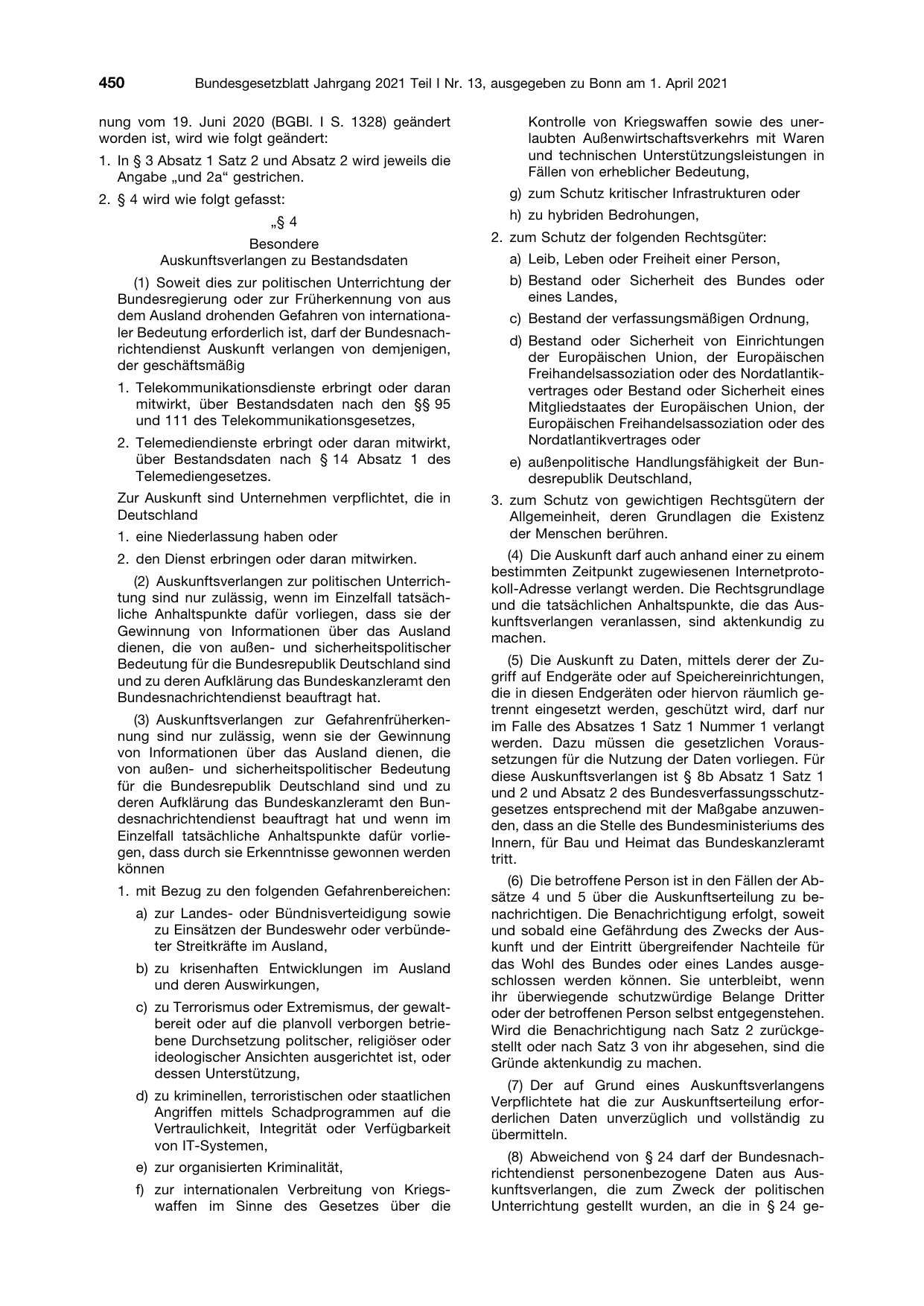 BGBl. 2021, Seite 450 — Originalseite als Abbildung