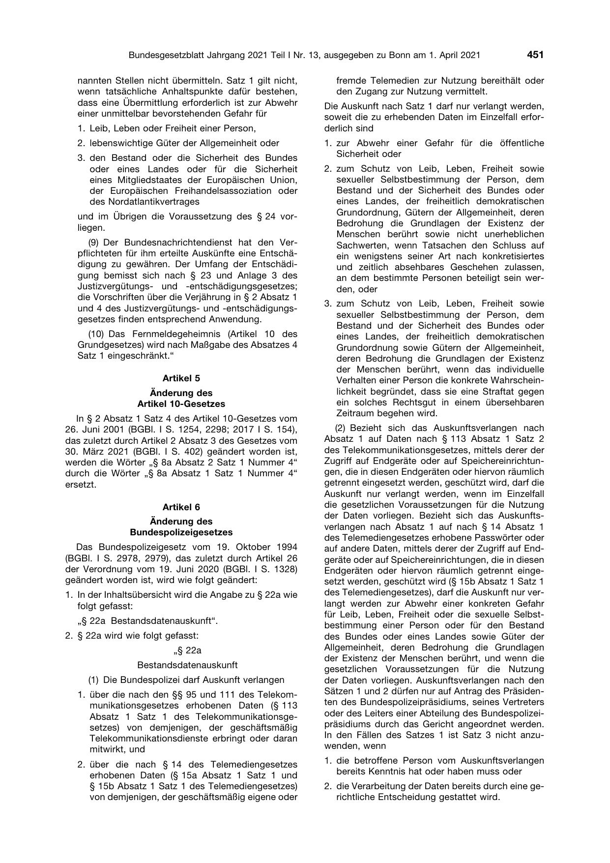 BGBl. 2021, Seite 451 — Originalseite als Abbildung