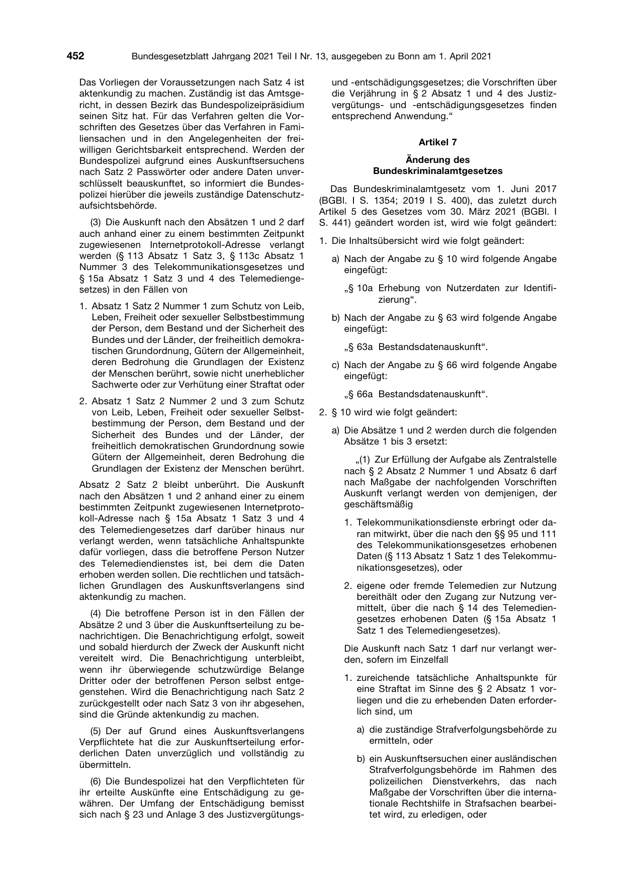 BGBl. 2021, Seite 452 — Originalseite als Abbildung