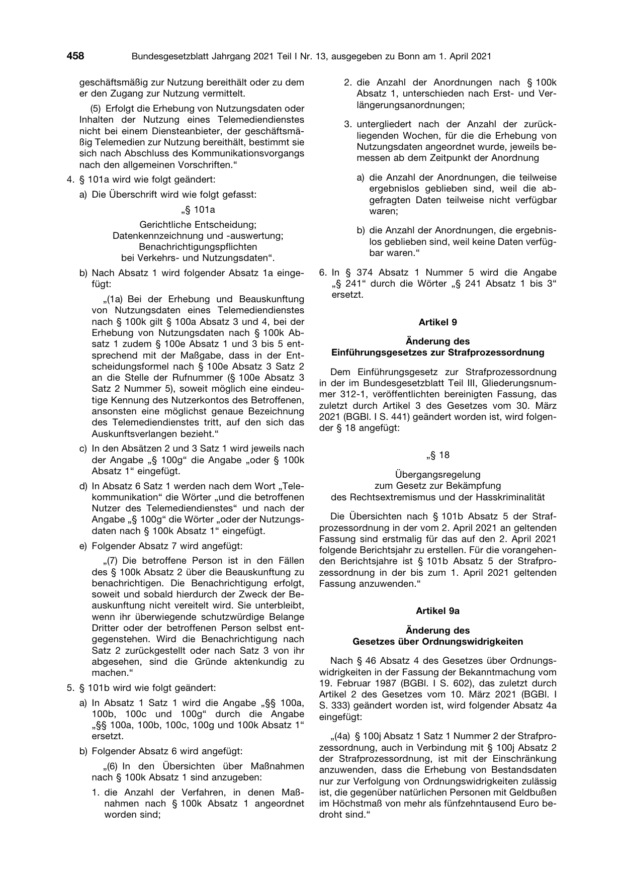 BGBl. 2021, Seite 458 — Originalseite als Abbildung