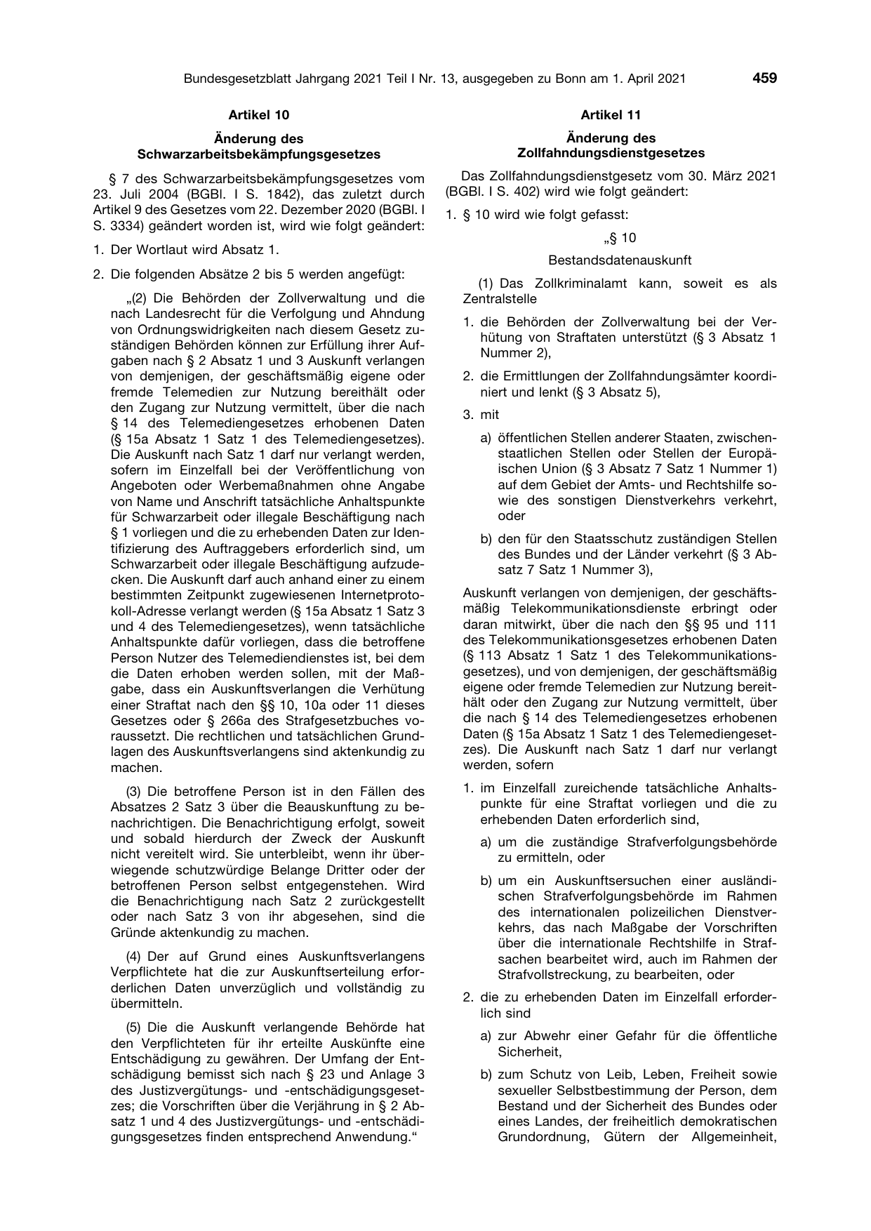 BGBl. 2021, Seite 459 — Originalseite als Abbildung