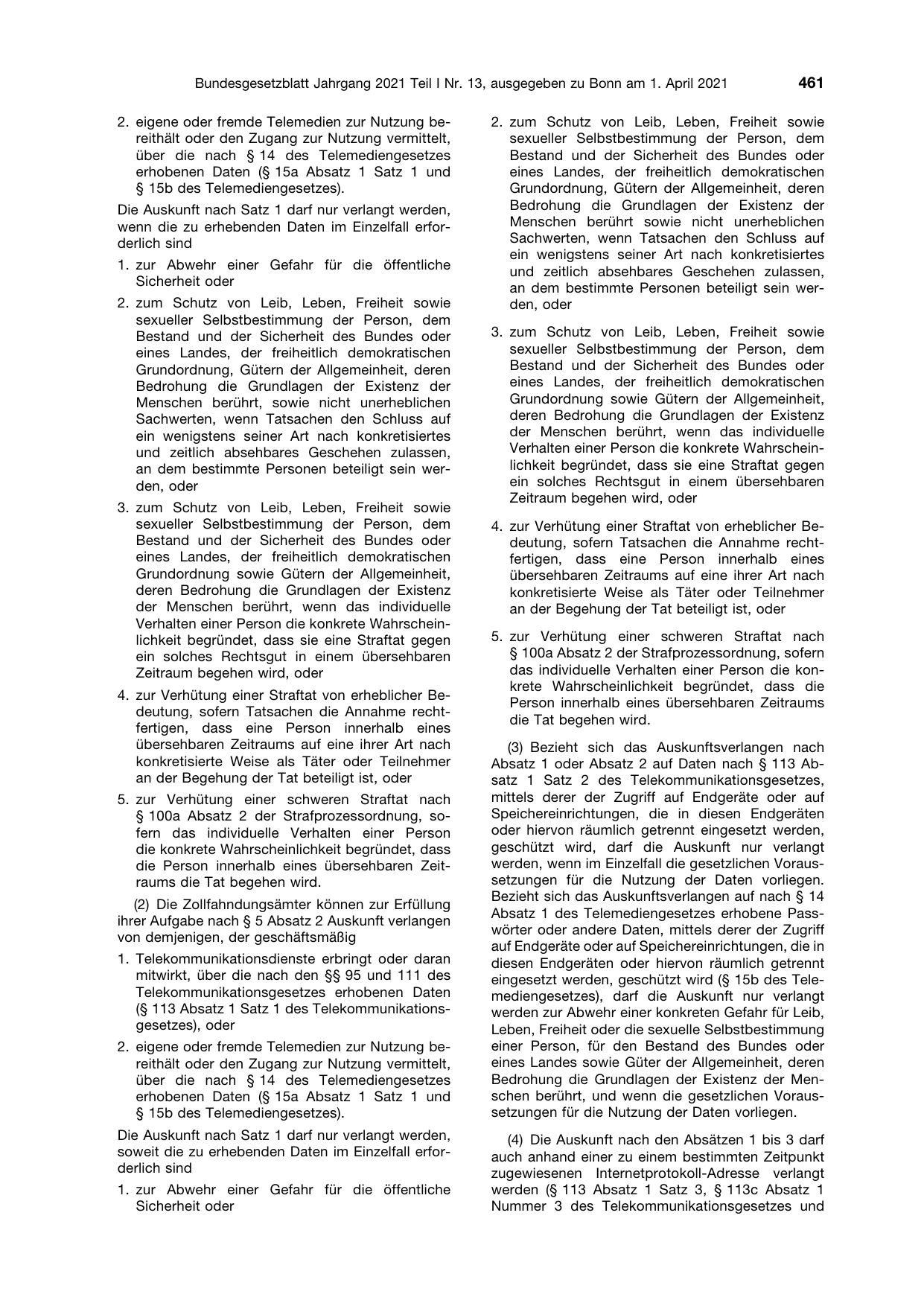 BGBl. 2021, Seite 461 — Originalseite als Abbildung
