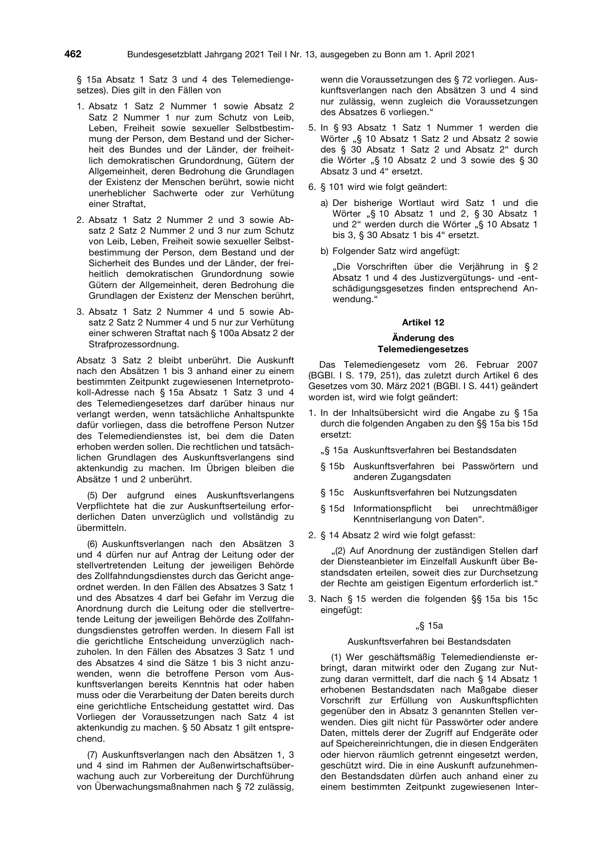 BGBl. 2021, Seite 462 — Originalseite als Abbildung