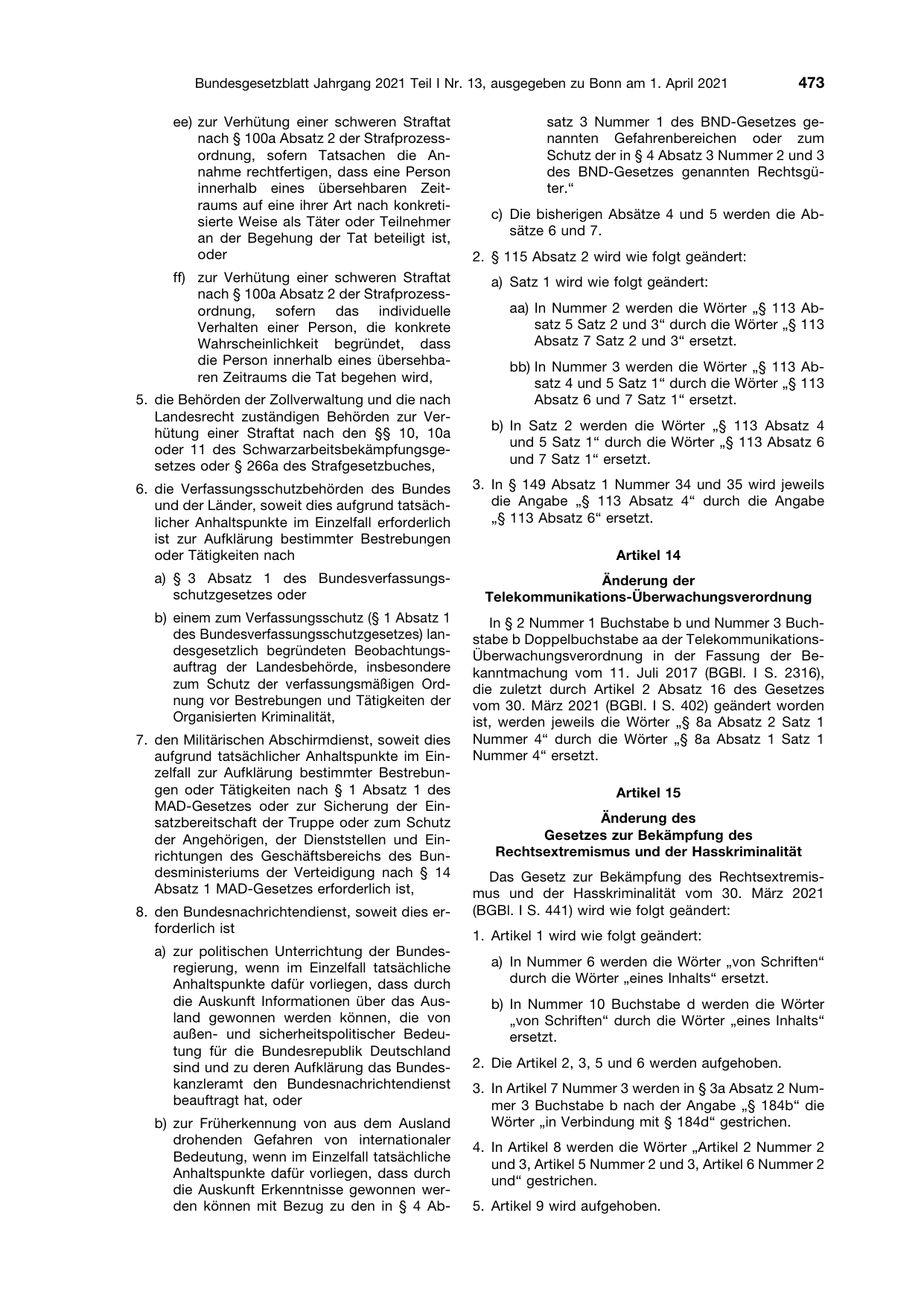 BGBl. 2021, Seite 473 — Originalseite als Abbildung