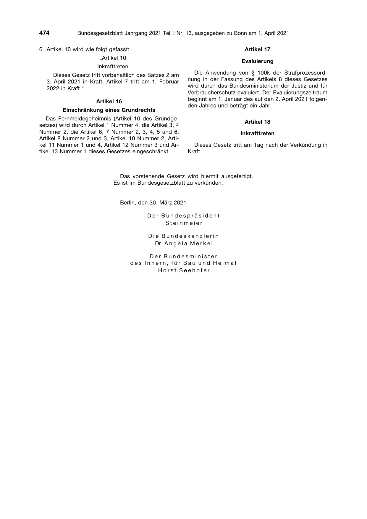 BGBl. 2021, Seite 474 — Originalseite als Abbildung