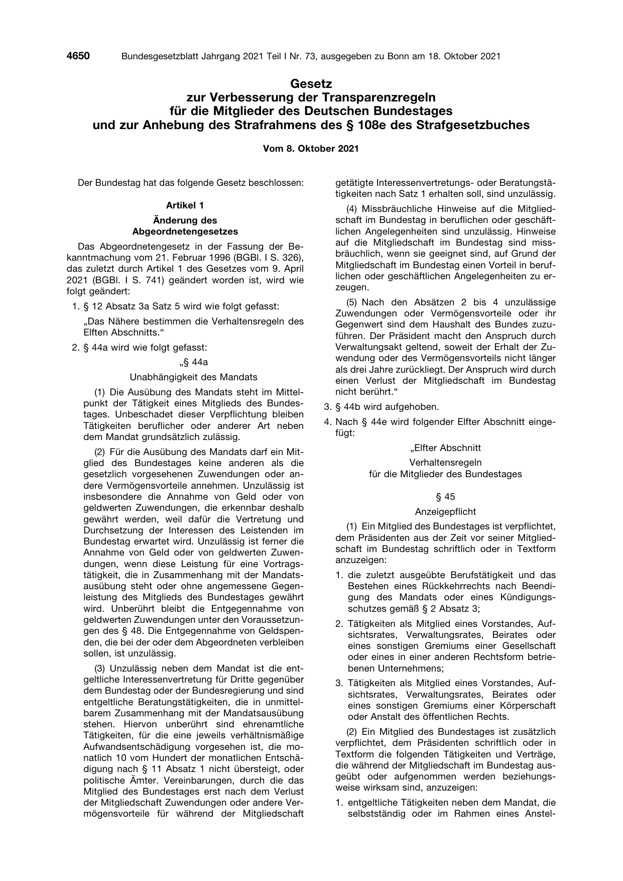 BGBl. 2021, Seite 4650 — Originalseite als Abbildung