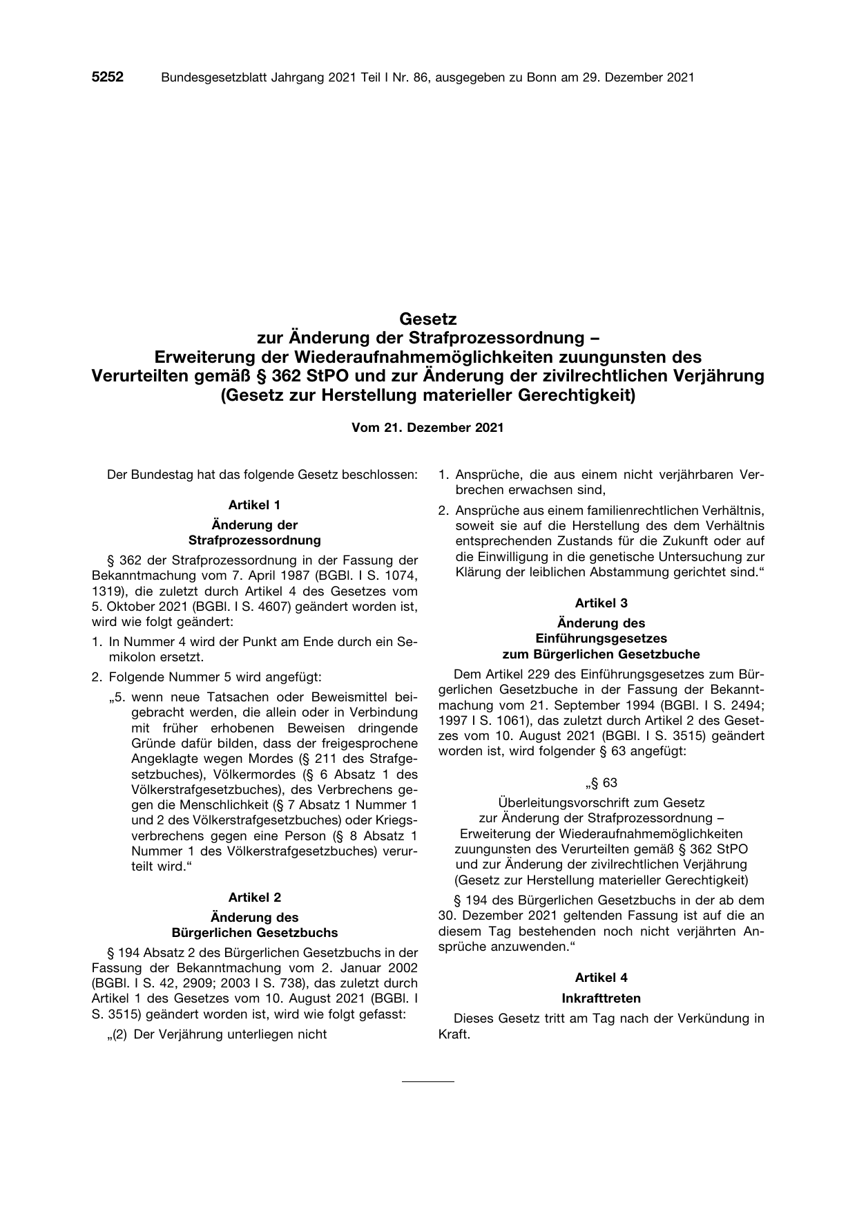 BGBl. 2021, Seite 5252 — Originalseite als Abbildung