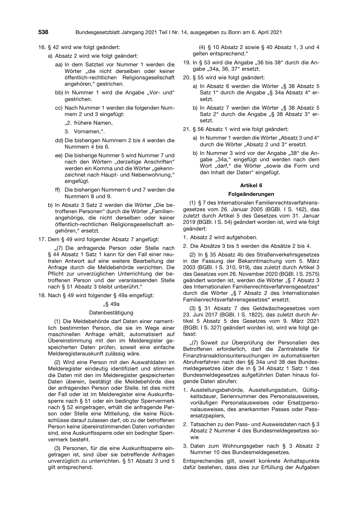 BGBl. 2021, Seite 538 — Originalseite als Abbildung