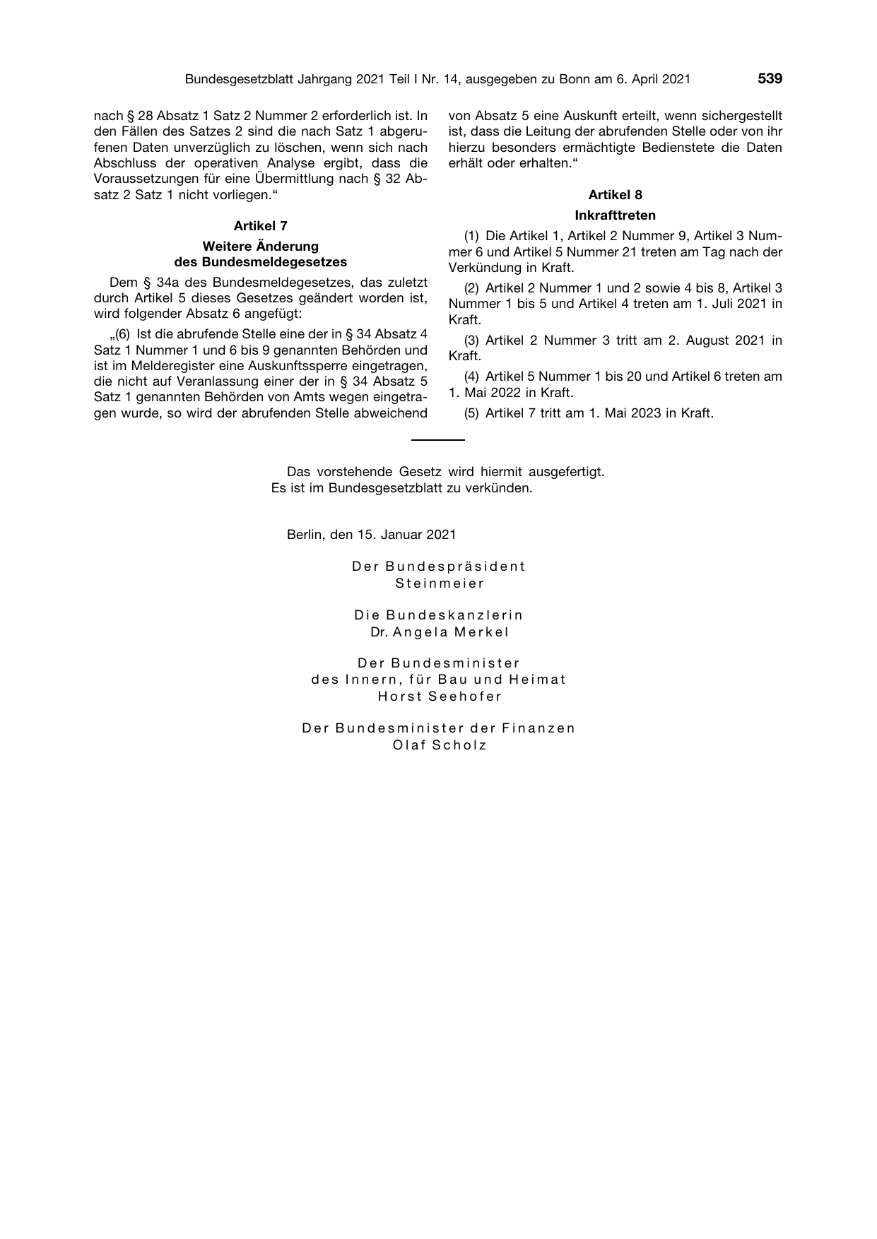 BGBl. 2021, Seite 539 — Originalseite als Abbildung