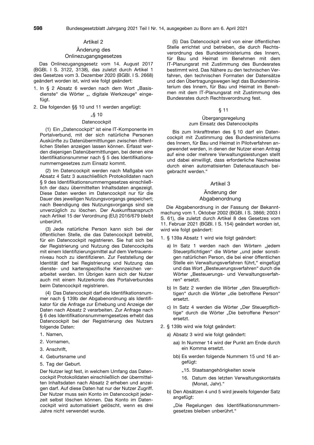 BGBl. 2021, Seite 598 — Originalseite als Abbildung