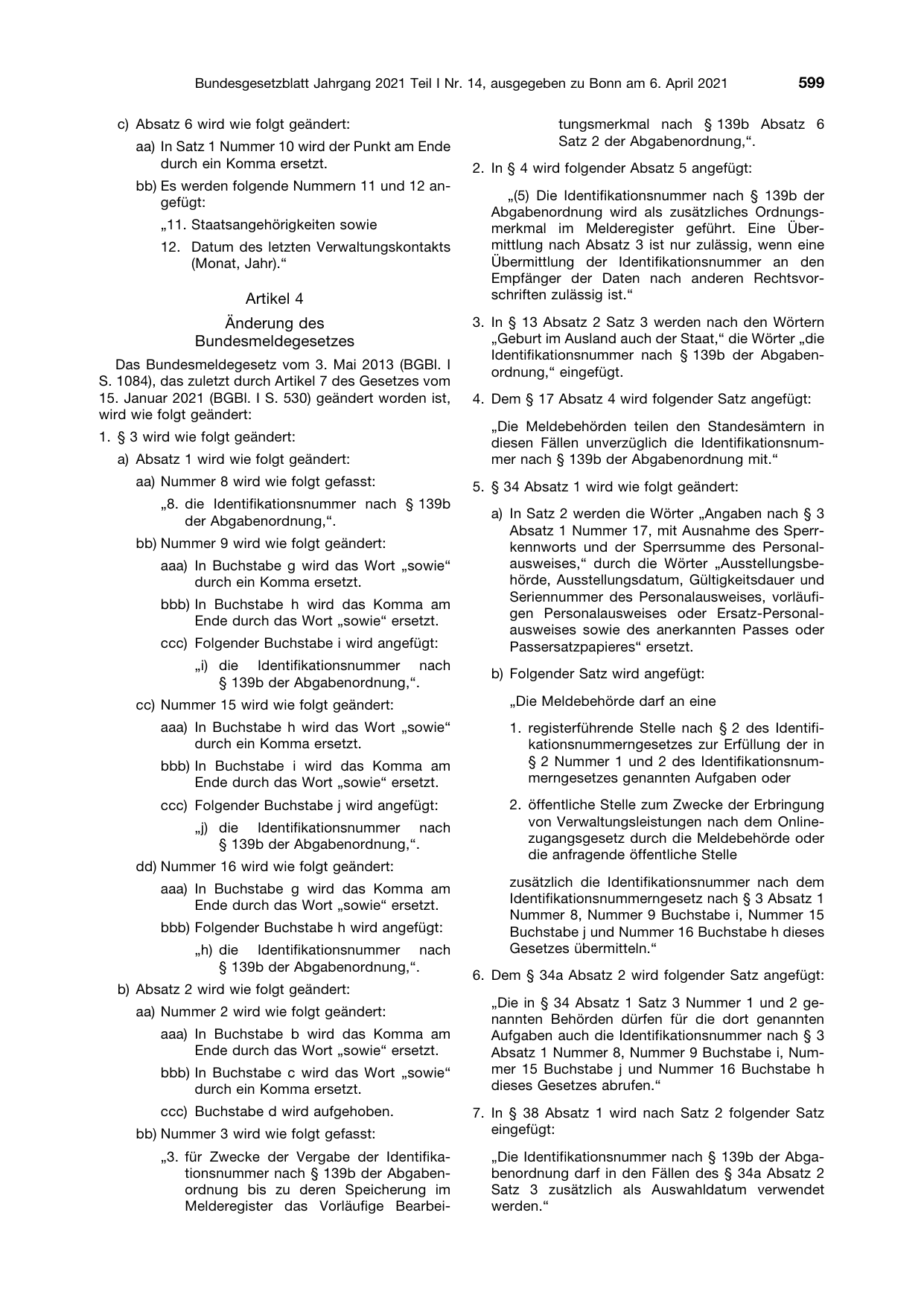 BGBl. 2021, Seite 599 — Originalseite als Abbildung