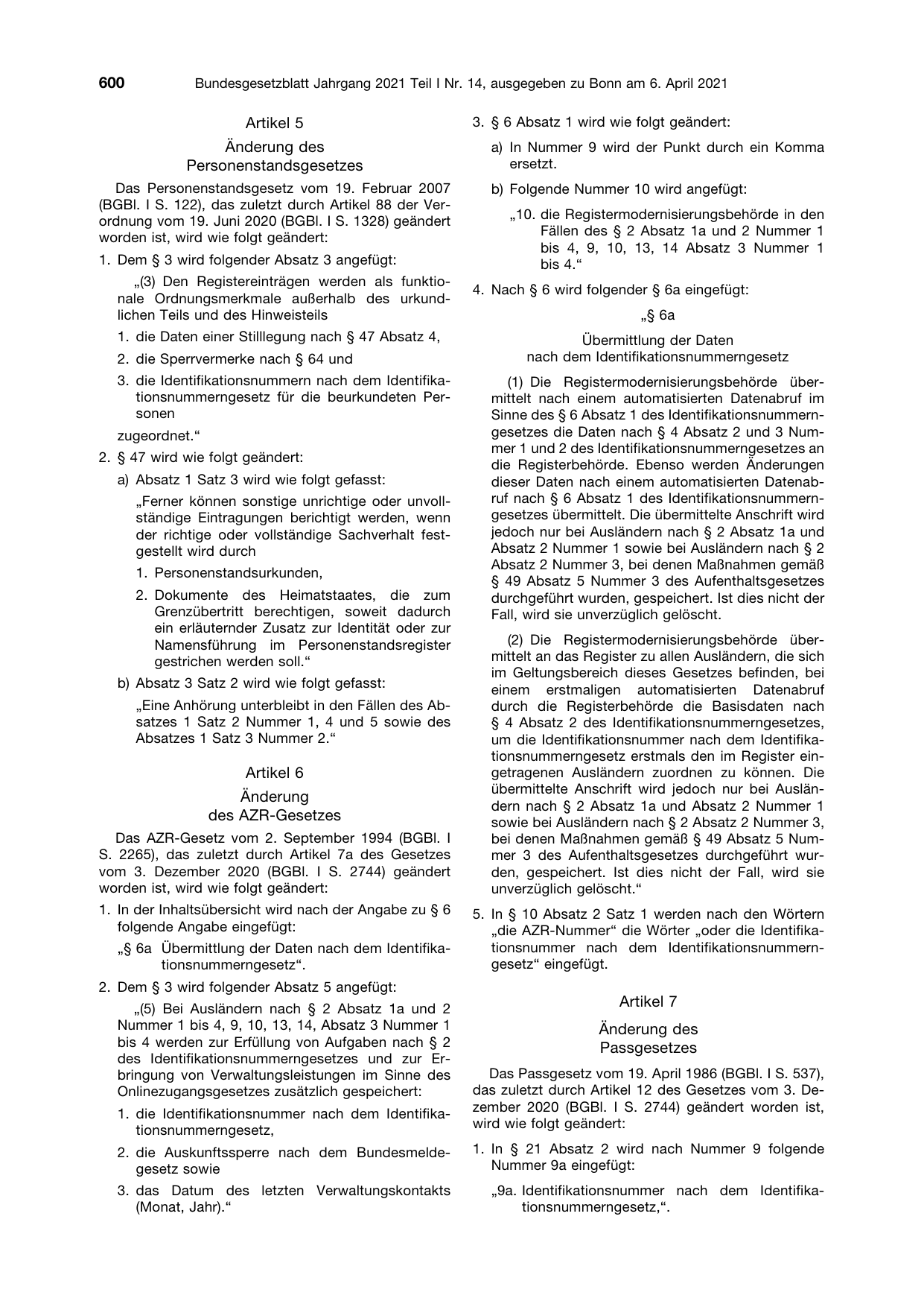 BGBl. 2021, Seite 600 — Originalseite als Abbildung